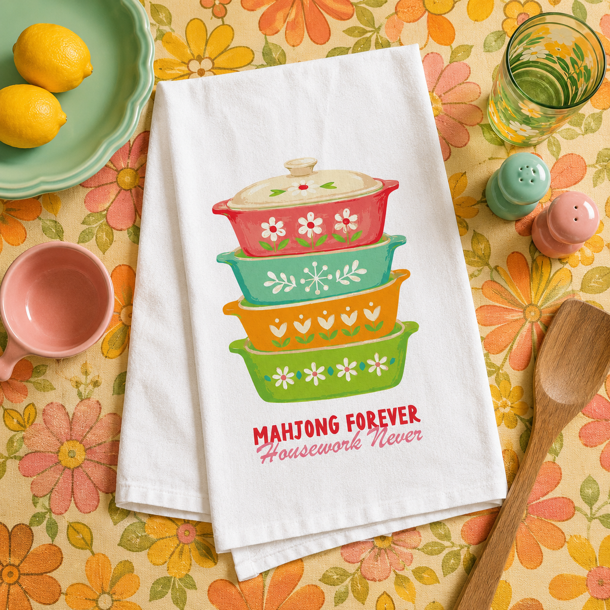Cotton Tea Towel White-Retro Kitchen Mahjong