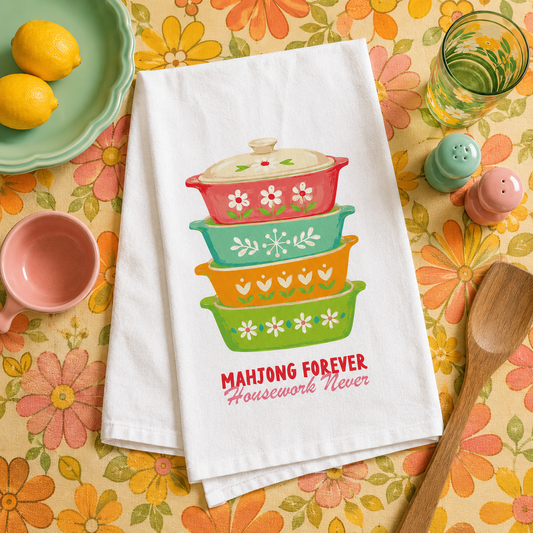 Cotton Tea Towel White-Retro Kitchen Mahjong