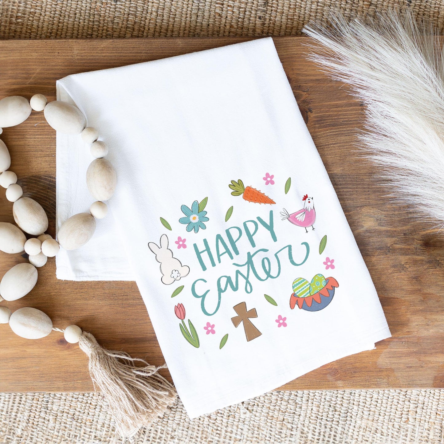 Cotton Tea Towel White-Happy Easter