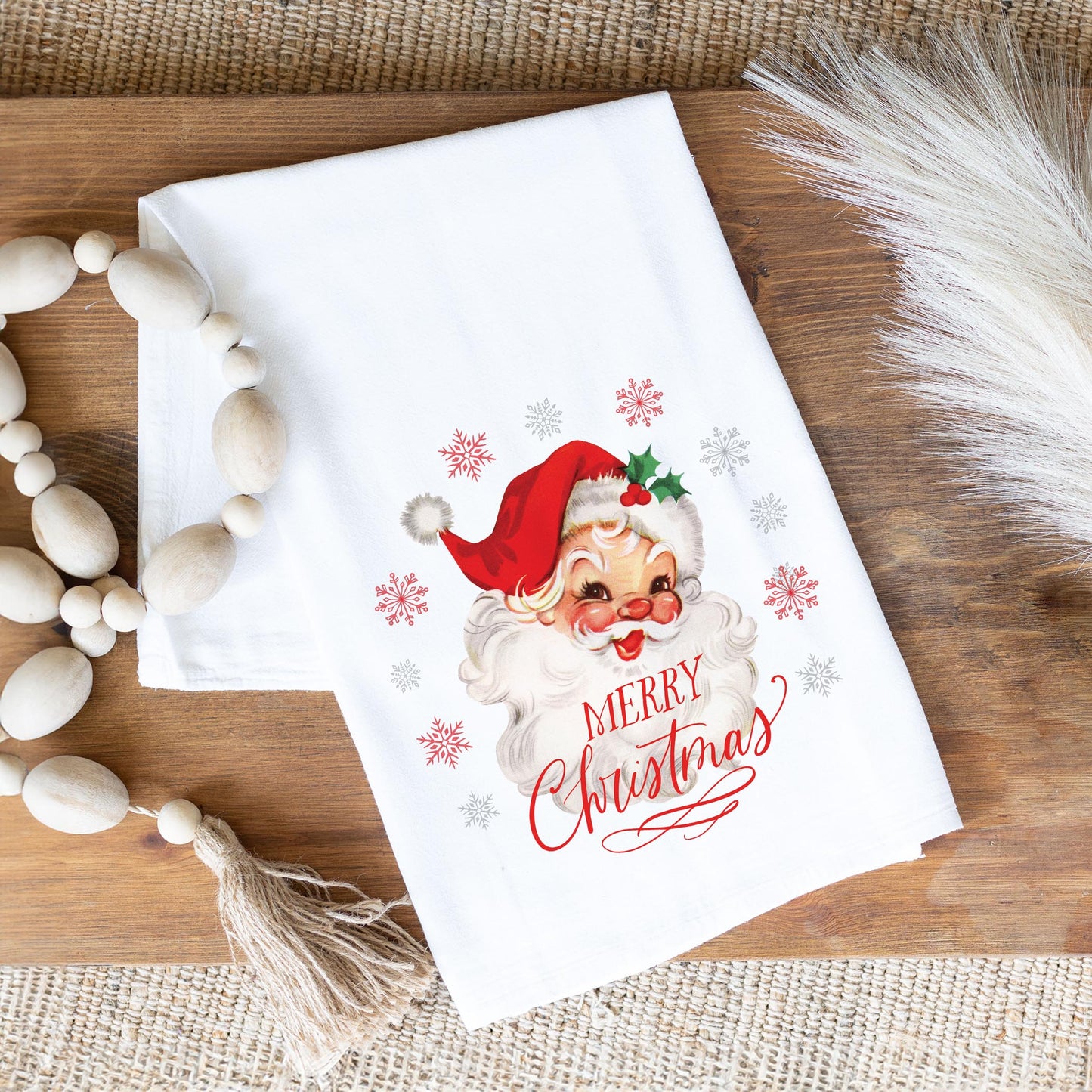 Cotton Tea Towel White-Classic Santa