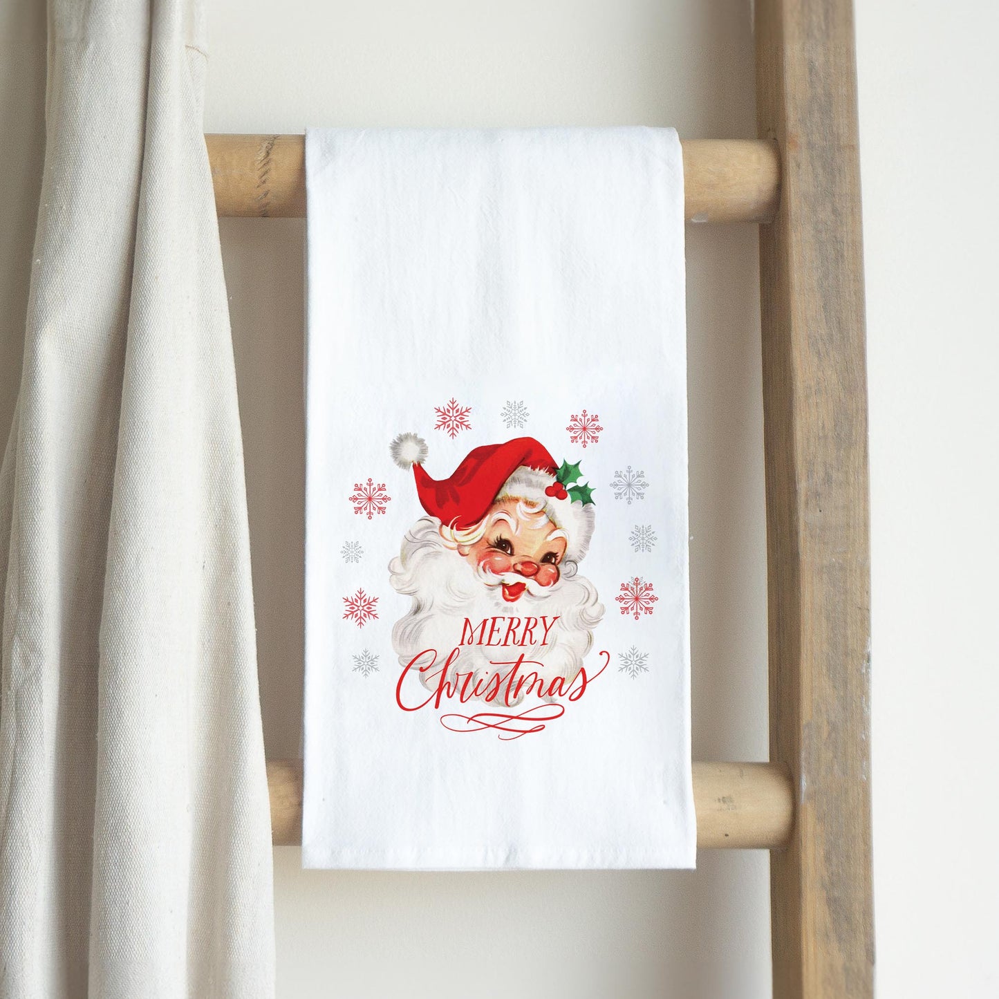 Cotton Tea Towel White-Classic Santa