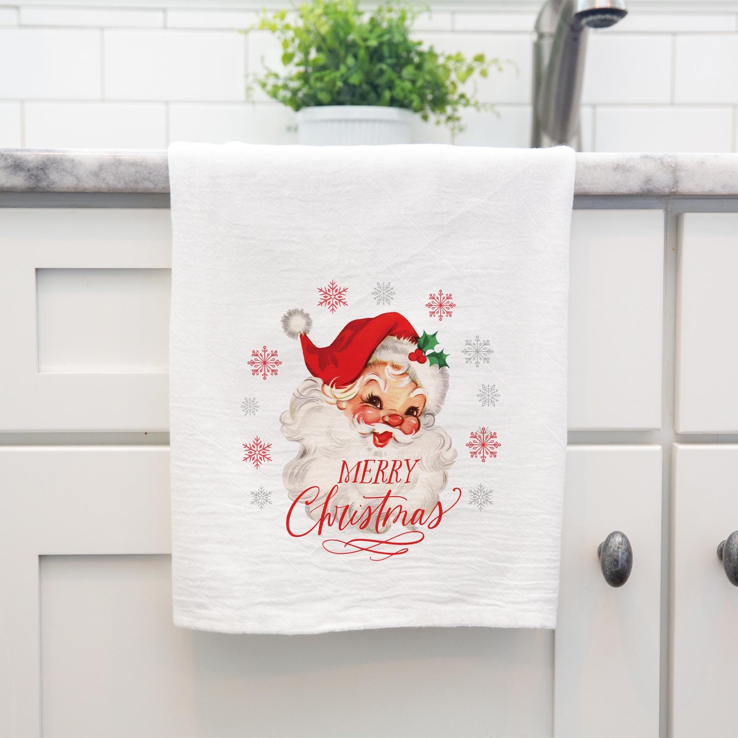 Cotton Tea Towel White-Classic Santa
