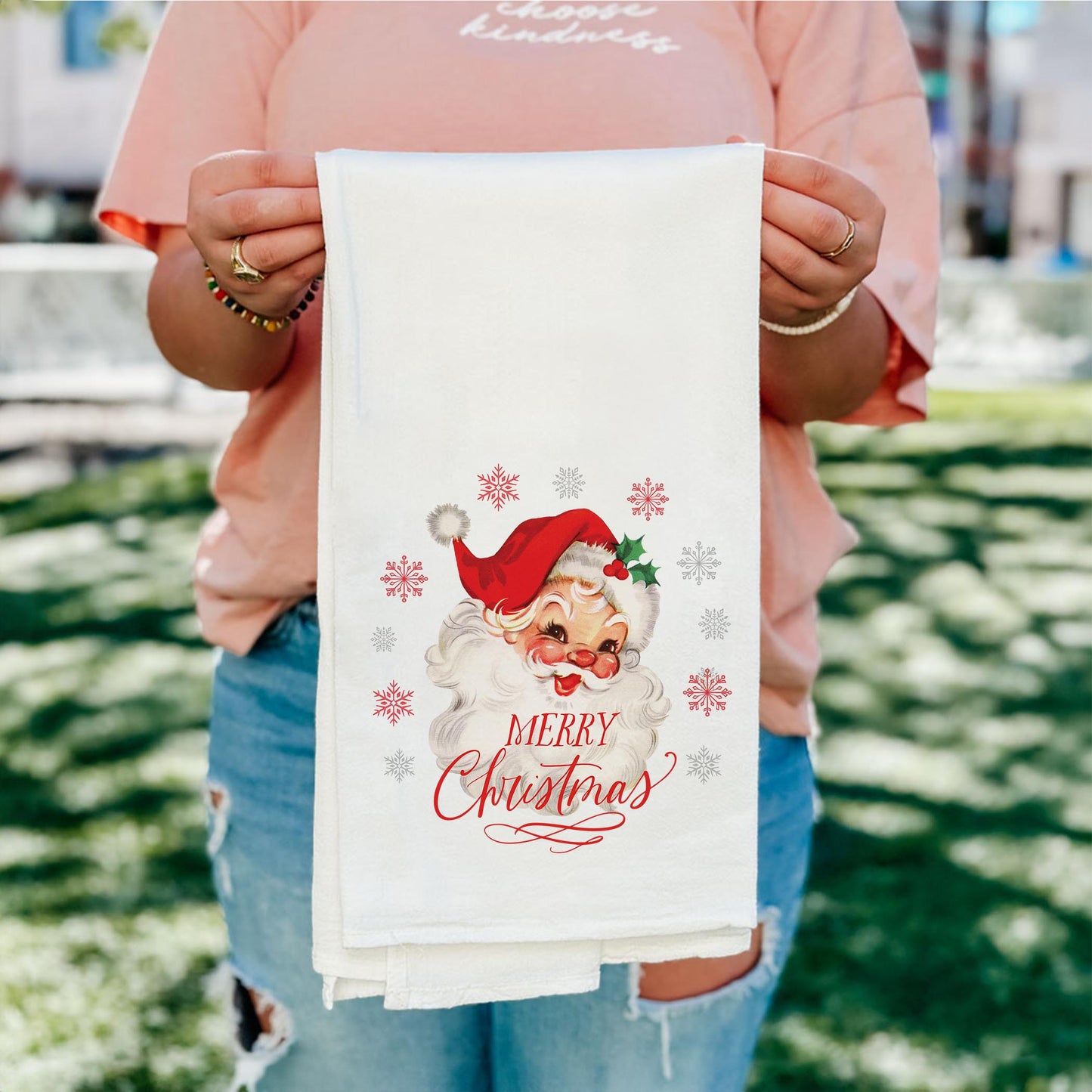 Cotton Tea Towel White-Classic Santa