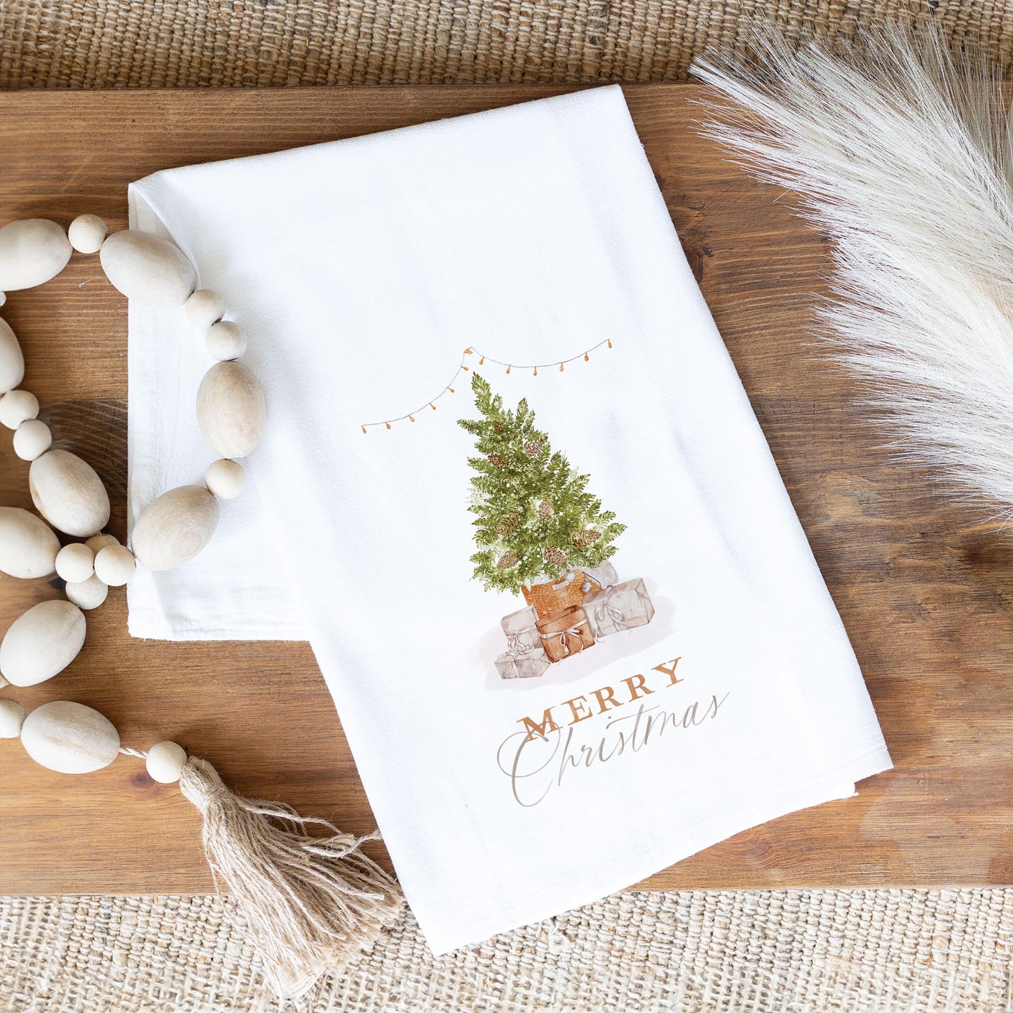 Cotton Tea Towel White-Cottage Tree Merry Christmas