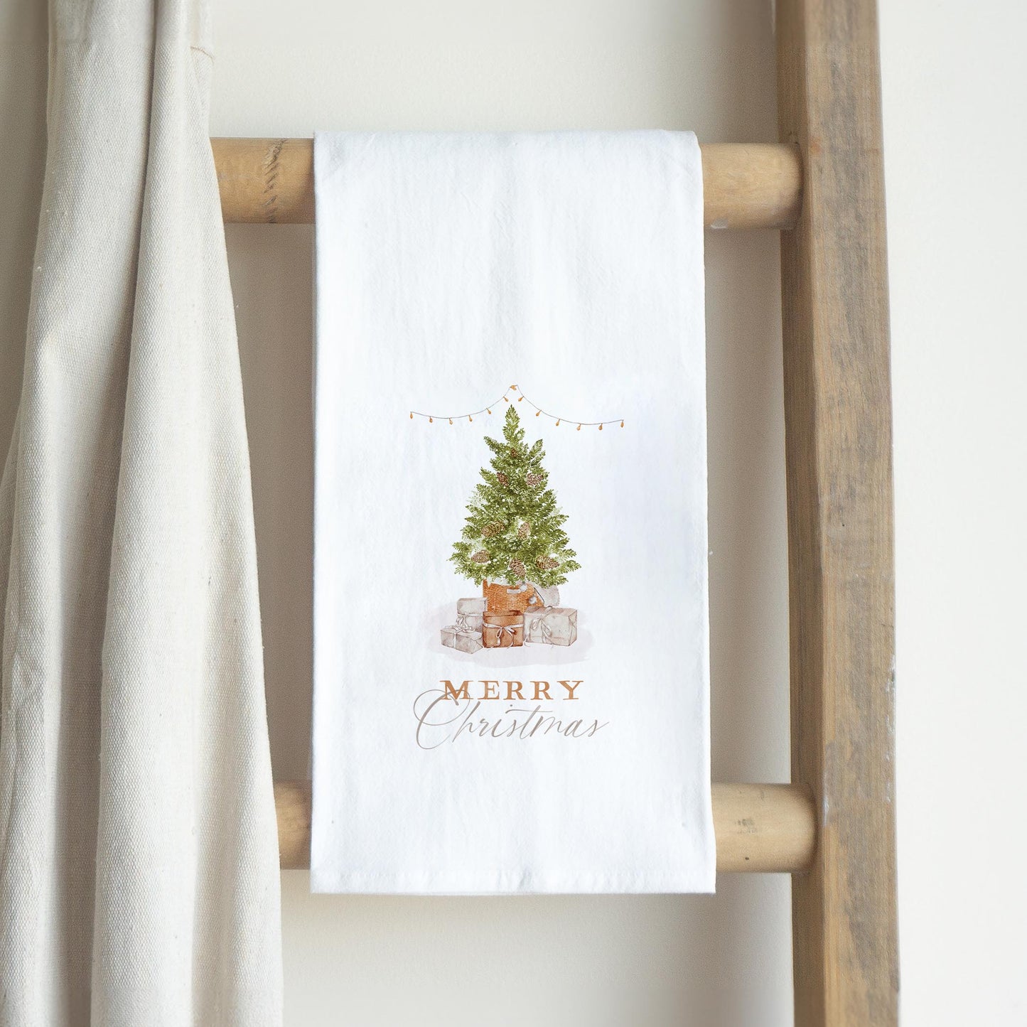 Cotton Tea Towel White-Cottage Tree Merry Christmas