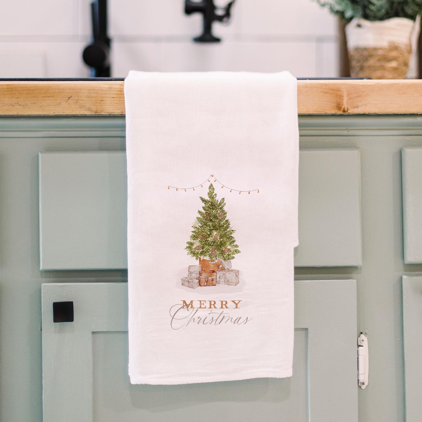 Cotton Tea Towel White-Cottage Tree Merry Christmas