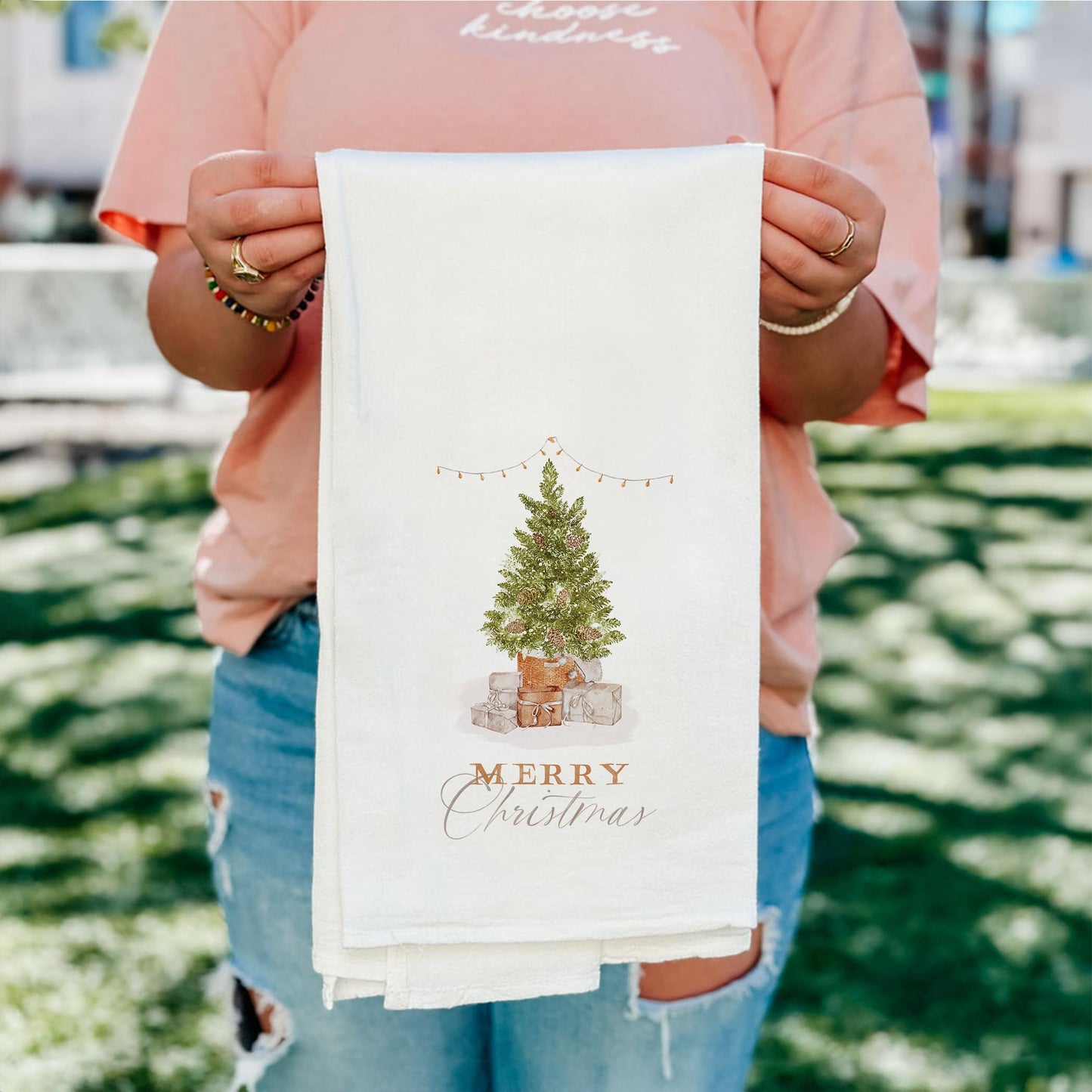 Cotton Tea Towel White-Cottage Tree Merry Christmas