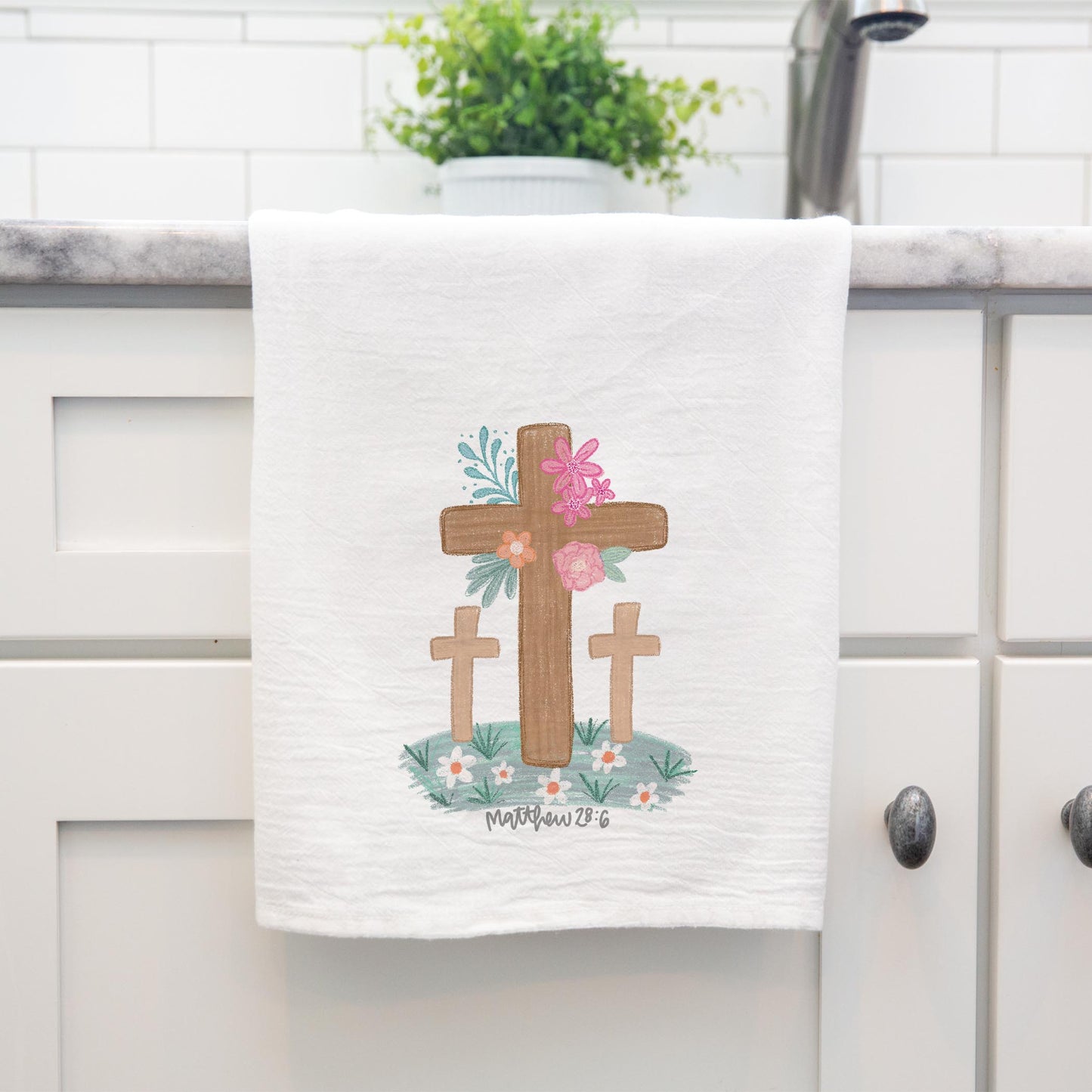 Cotton Tea Towel White-Floral Cross Matthew 28:6