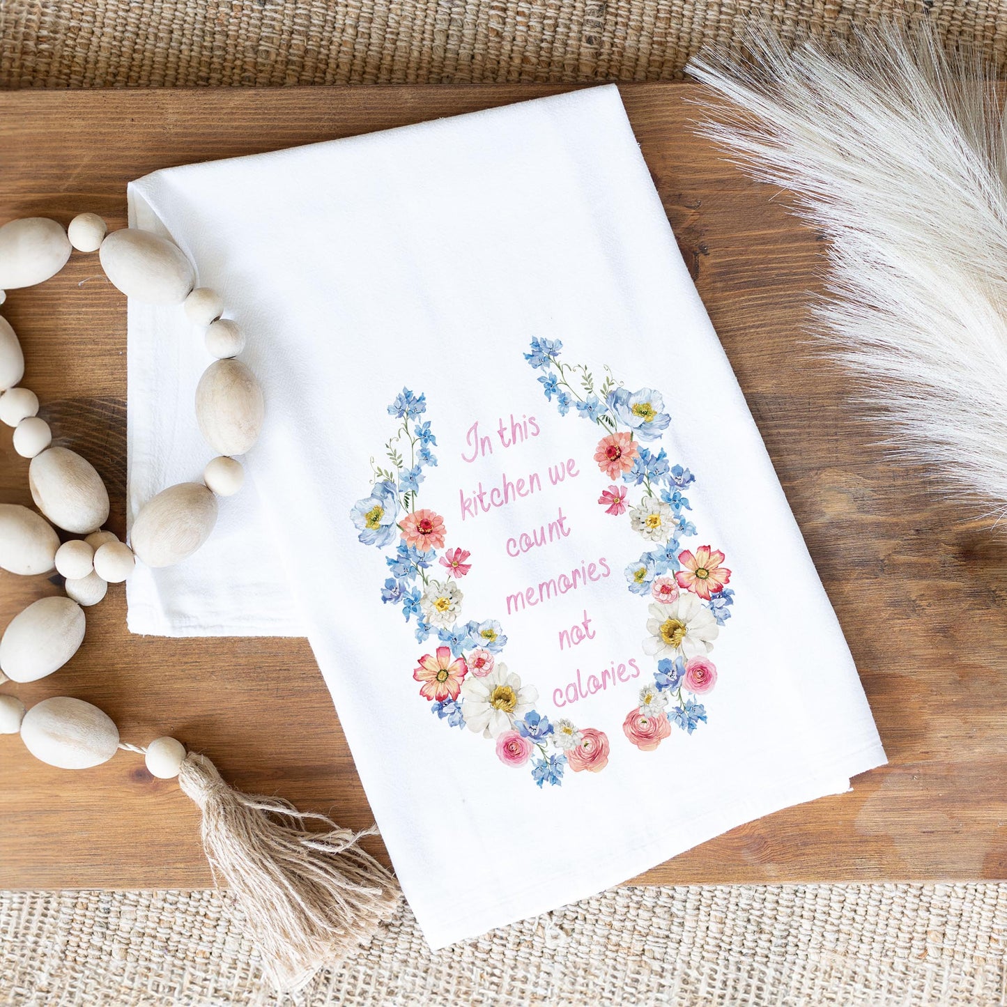Cotton Tea Towel White-Fantasy Garden Memories Not Calories -1