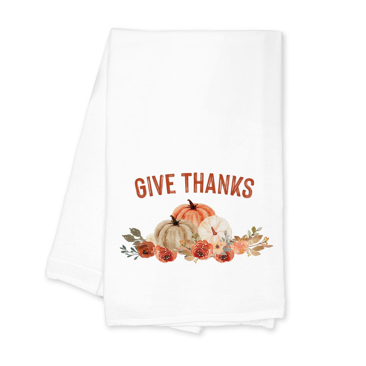 Cotton Tea Towel White-Give Thanks Floral Pumpkin