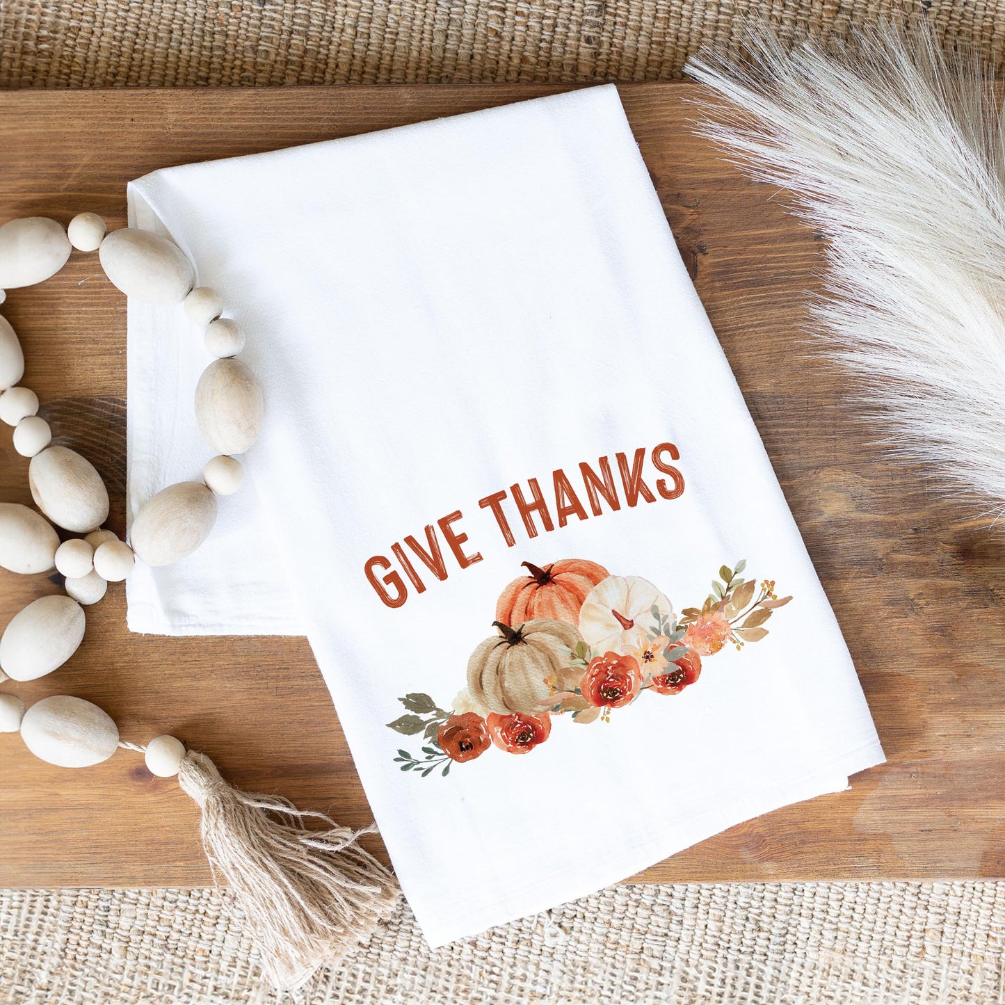 Cotton Tea Towel White-Give Thanks Floral Pumpkin