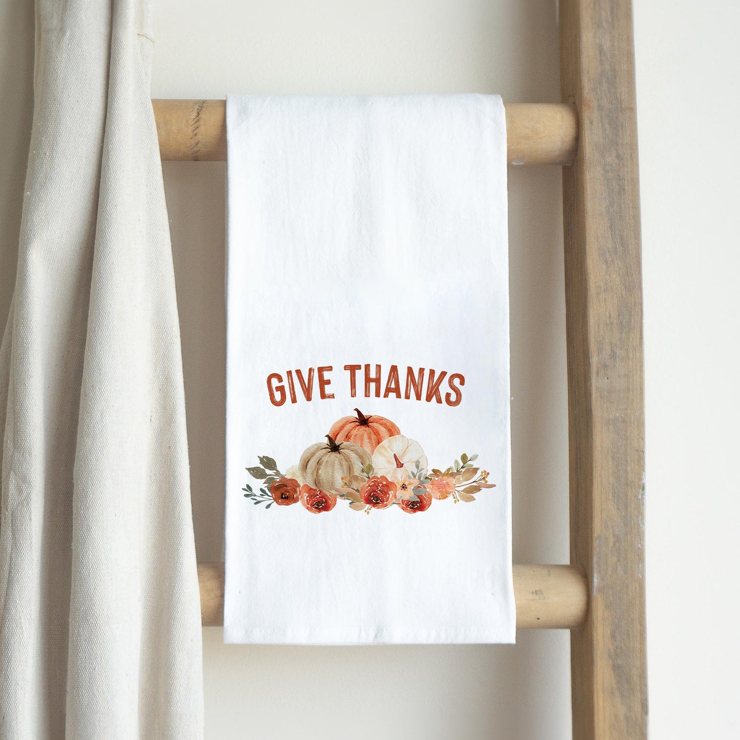 Cotton Tea Towel White-Give Thanks Floral Pumpkin