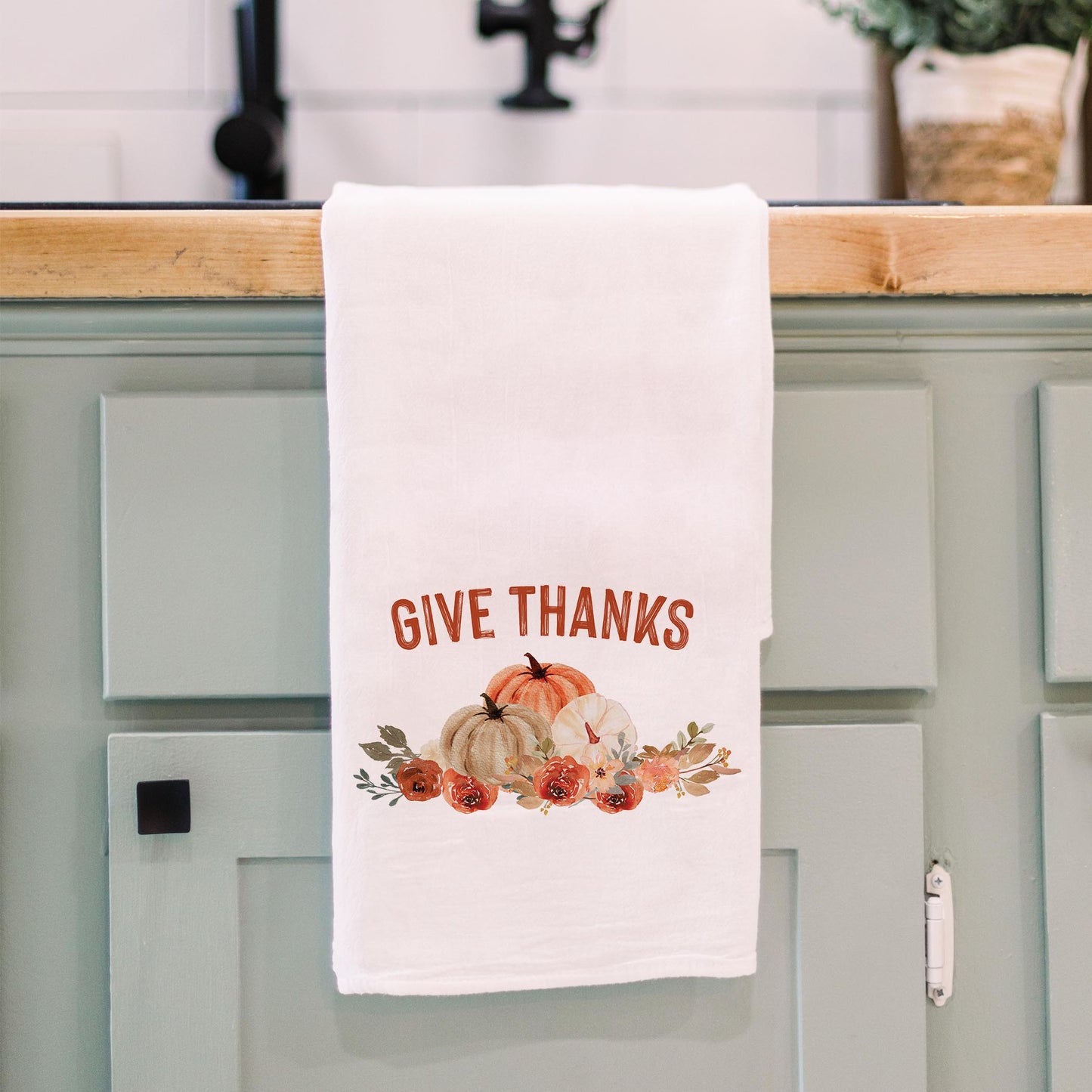 Cotton Tea Towel White-Give Thanks Floral Pumpkin