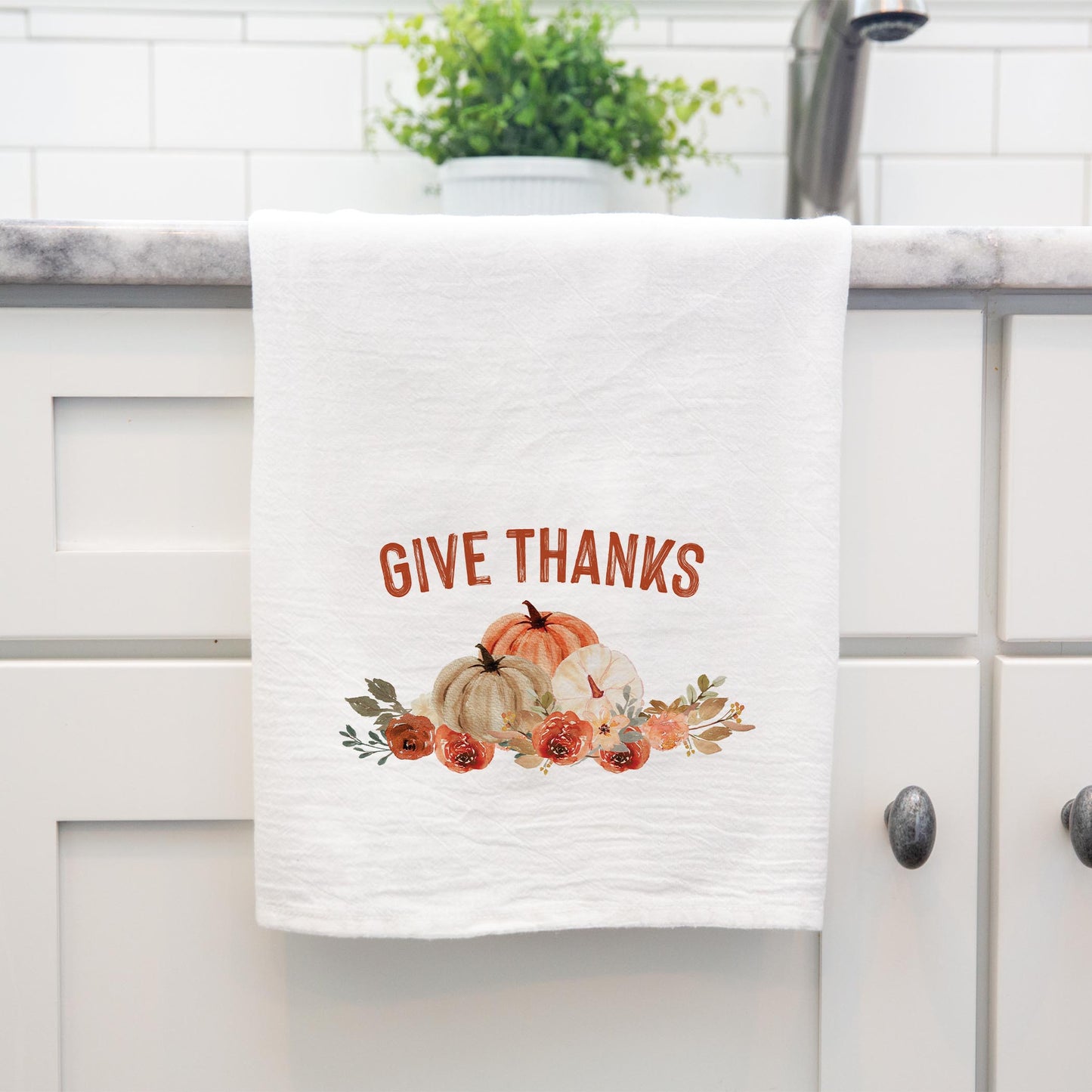 Cotton Tea Towel White-Give Thanks Floral Pumpkin