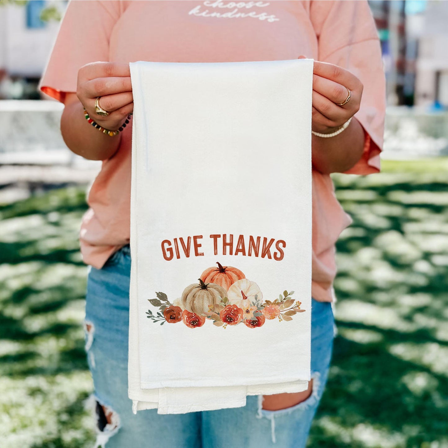 Cotton Tea Towel White-Give Thanks Floral Pumpkin