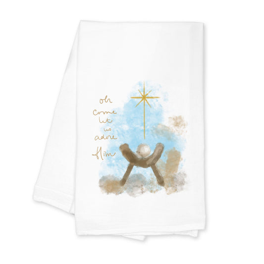Cotton Tea Towel White-Let Us Adore Him Watercolor Manger