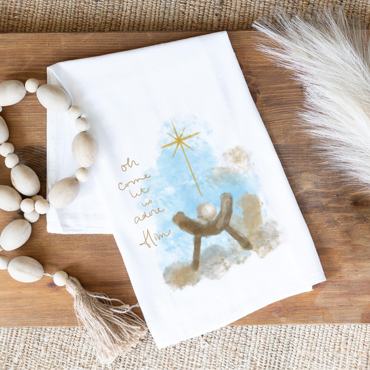 Cotton Tea Towel White-Let Us Adore Him Watercolor Manger