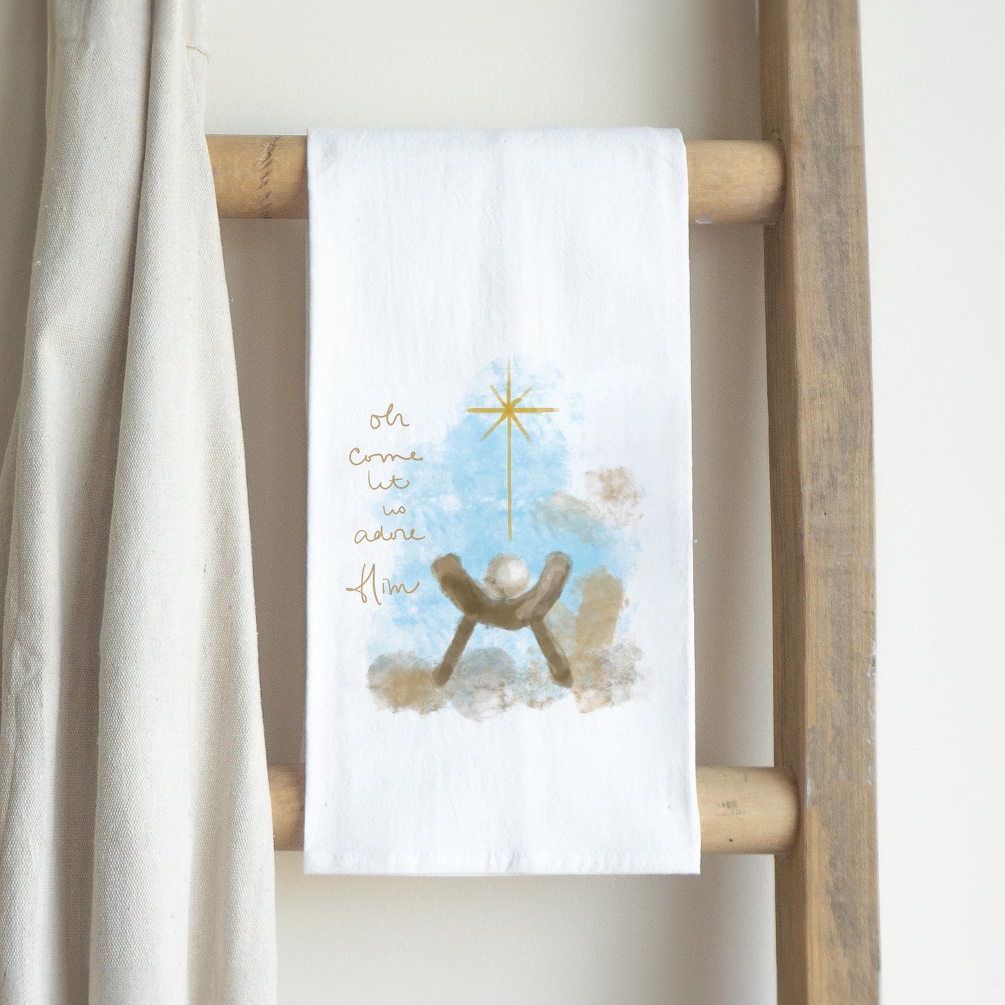 Cotton Tea Towel White-Let Us Adore Him Watercolor Manger