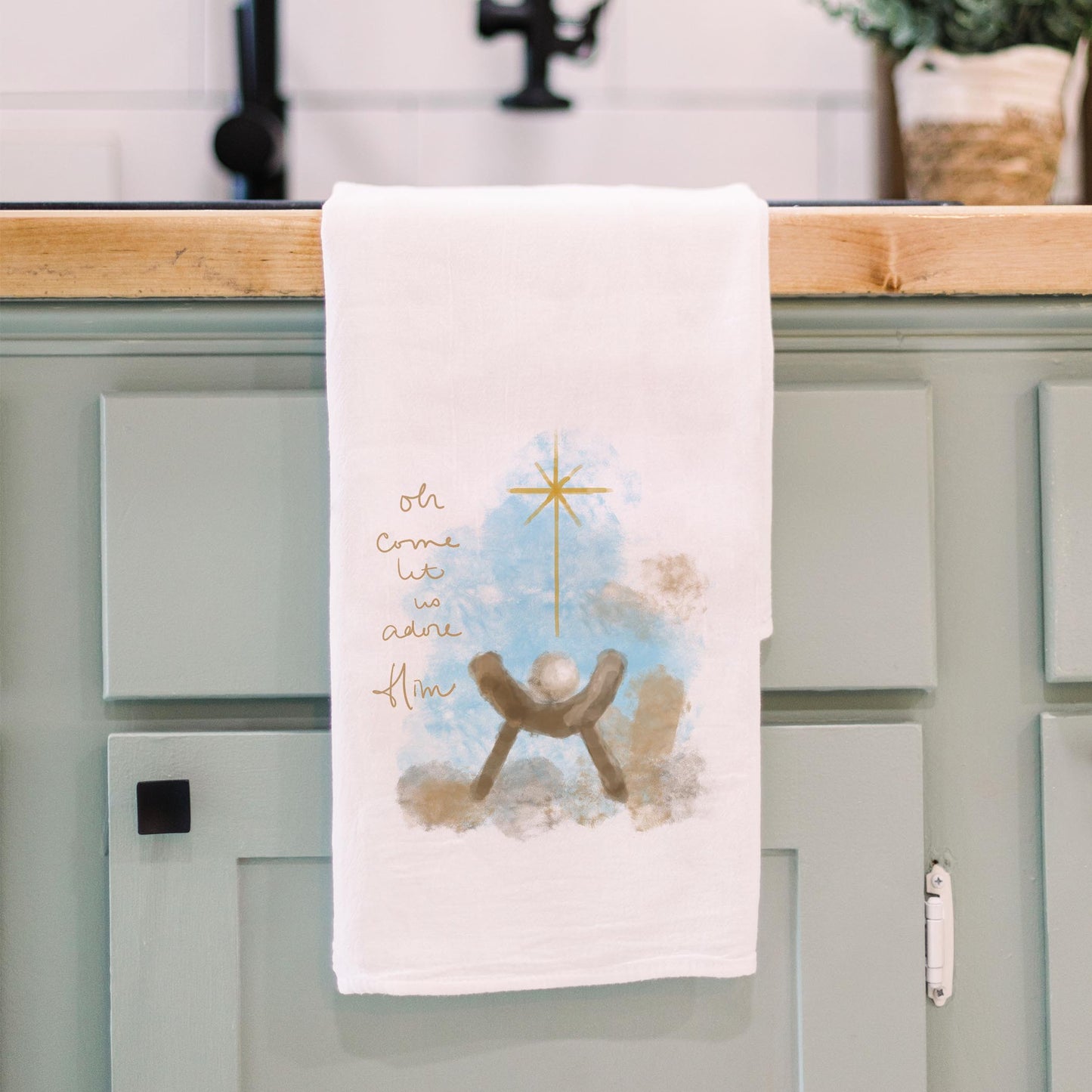 Cotton Tea Towel White-Let Us Adore Him Watercolor Manger