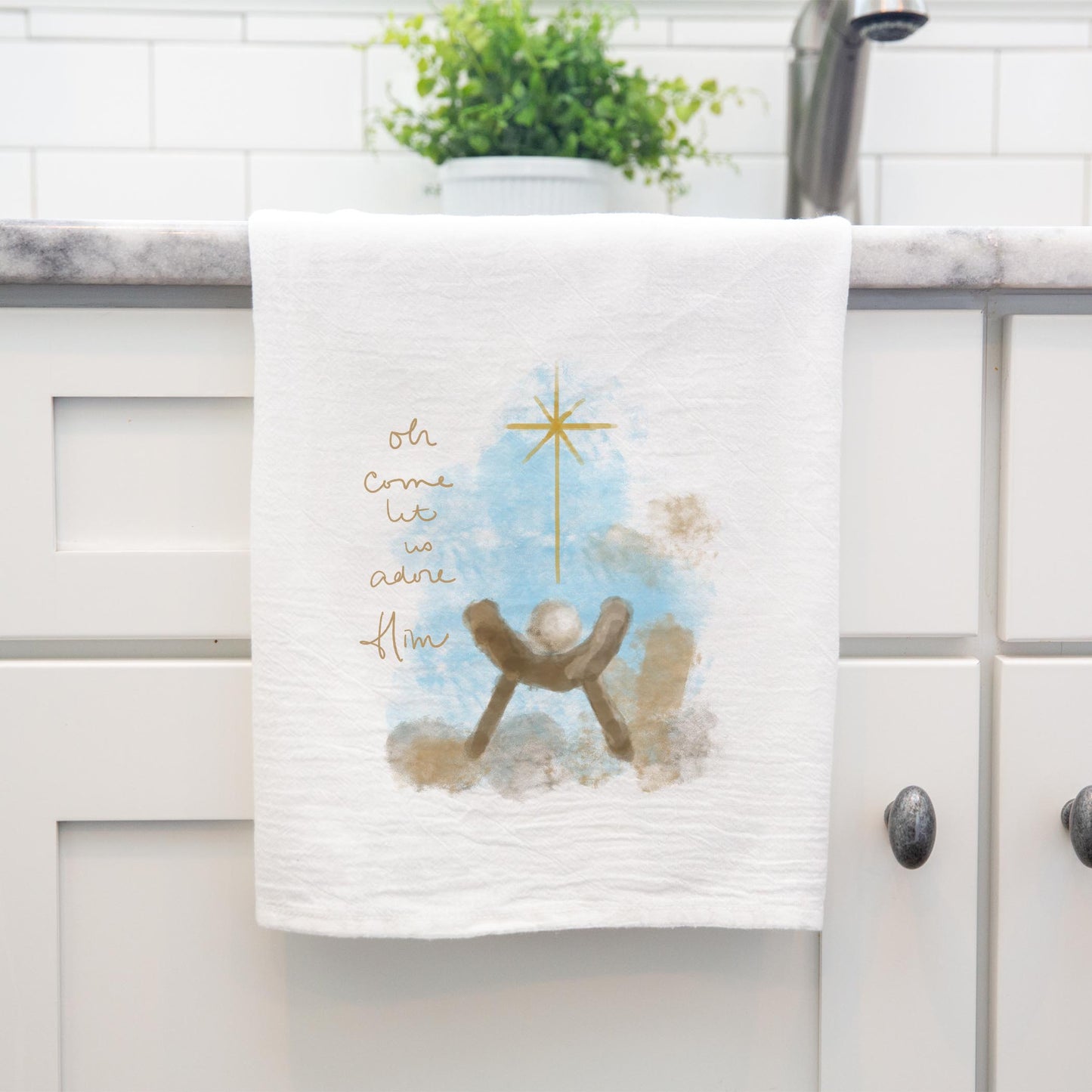 Cotton Tea Towel White-Let Us Adore Him Watercolor Manger