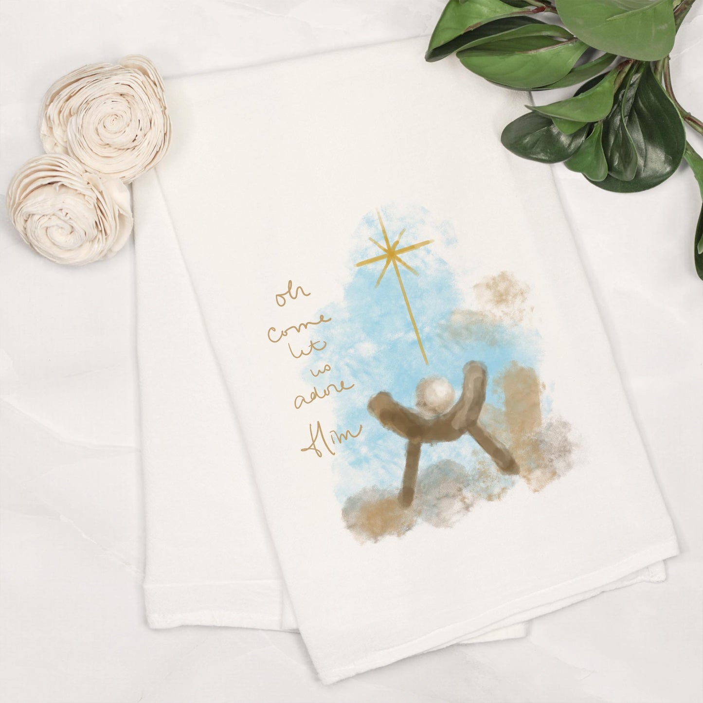 Cotton Tea Towel White-Let Us Adore Him Watercolor Manger