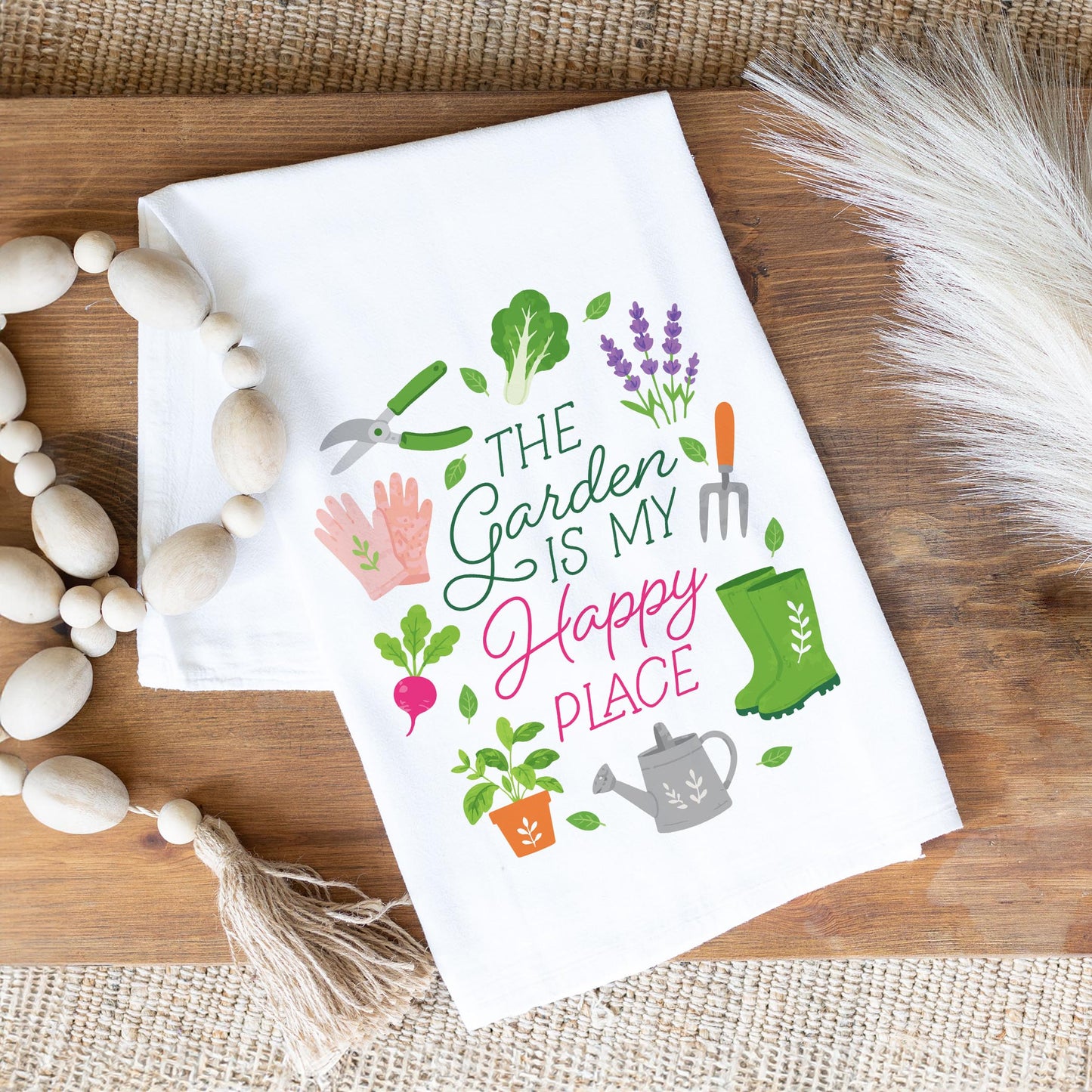 Cotton Tea Towel White-Plant Lady Happy Place -1