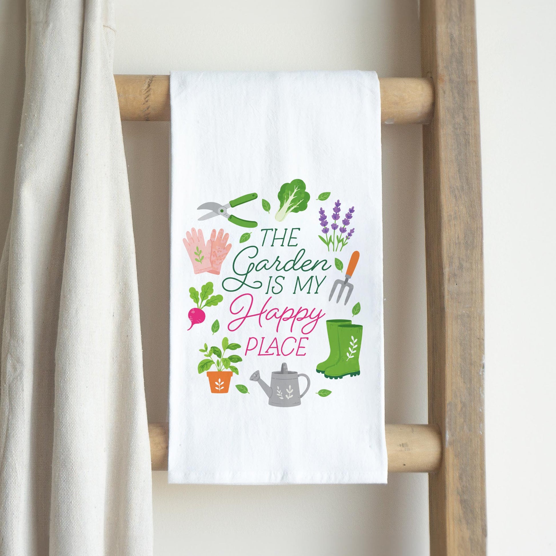 Cotton Tea Towel White-Plant Lady Happy Place -2