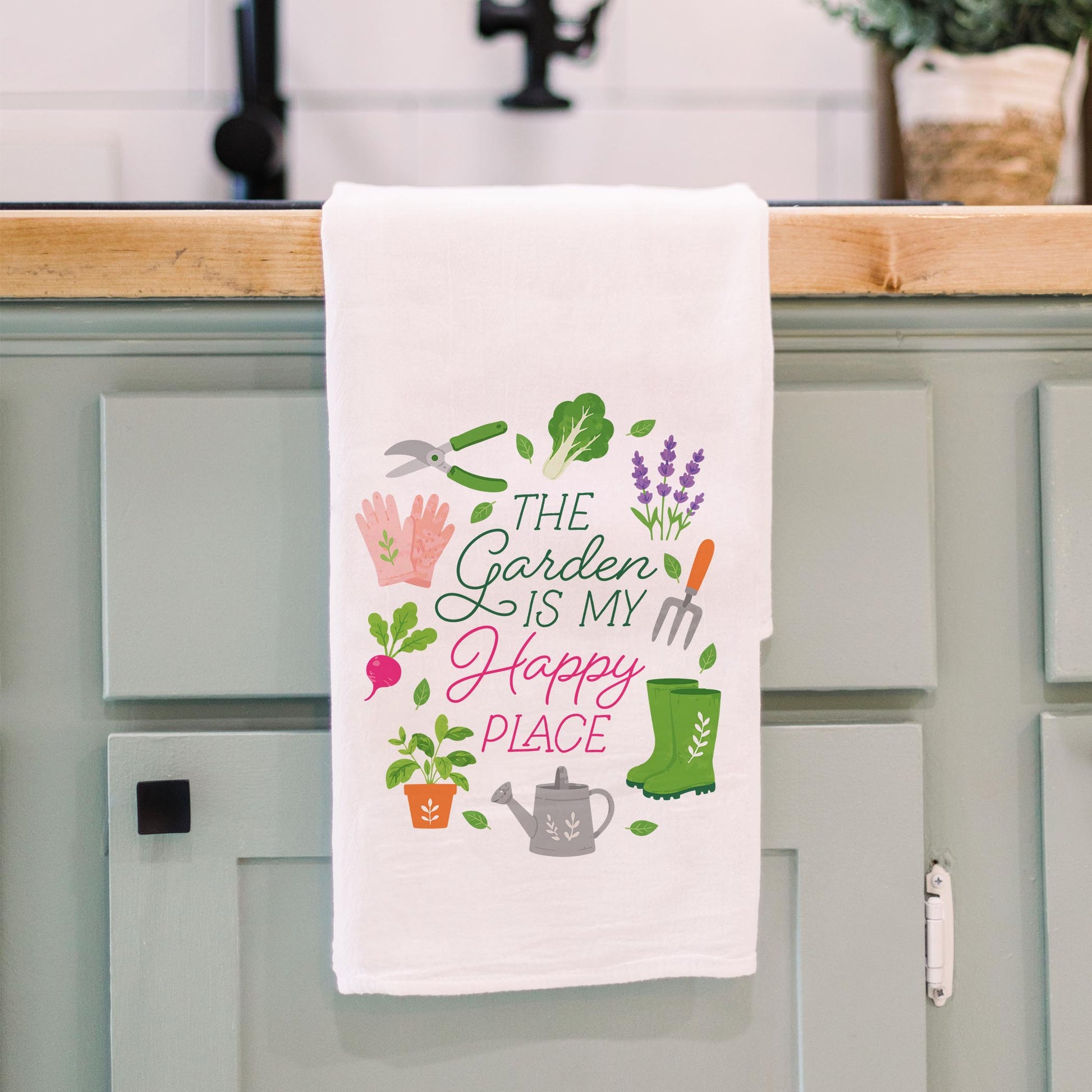 Cotton Tea Towel White-Plant Lady Happy Place -3