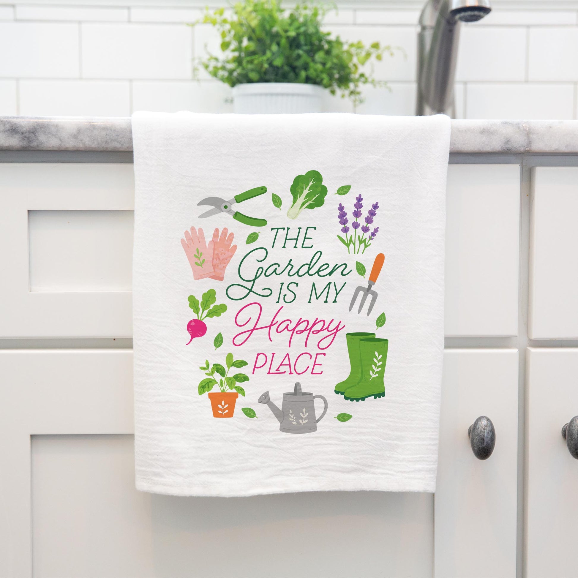 Cotton Tea Towel White-Plant Lady Happy Place -4