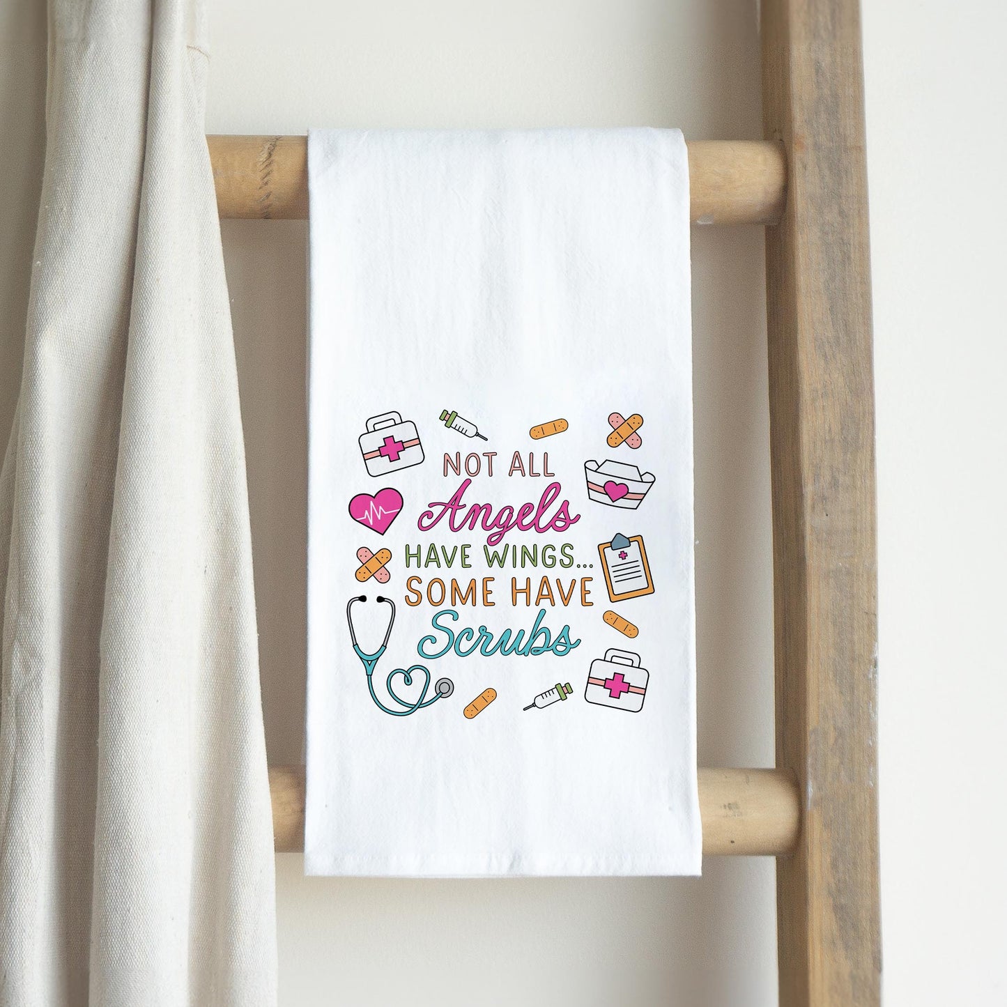Cotton Tea Towel White-Some Angels Have Scrubs