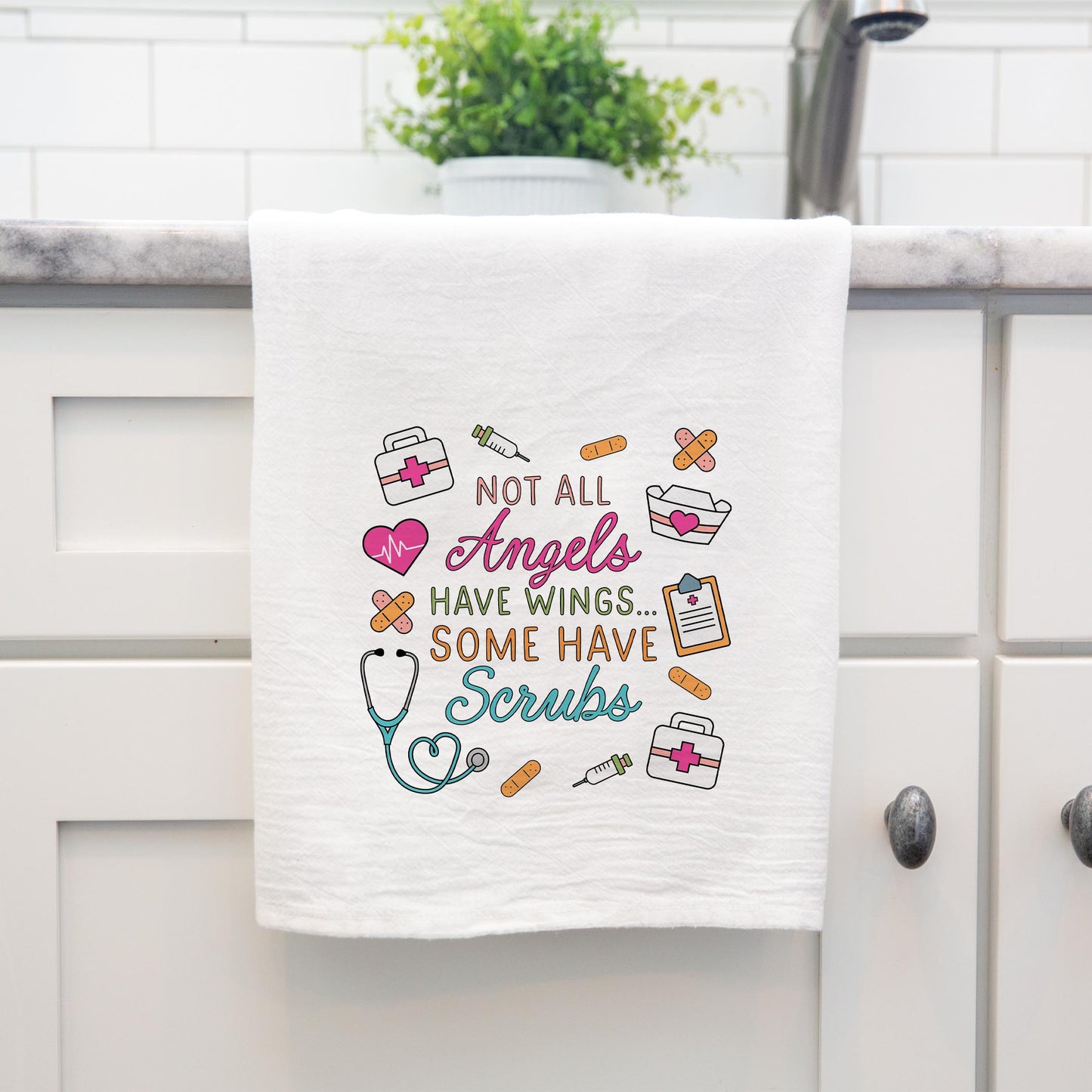 Cotton Tea Towel White-Some Angels Have Scrubs