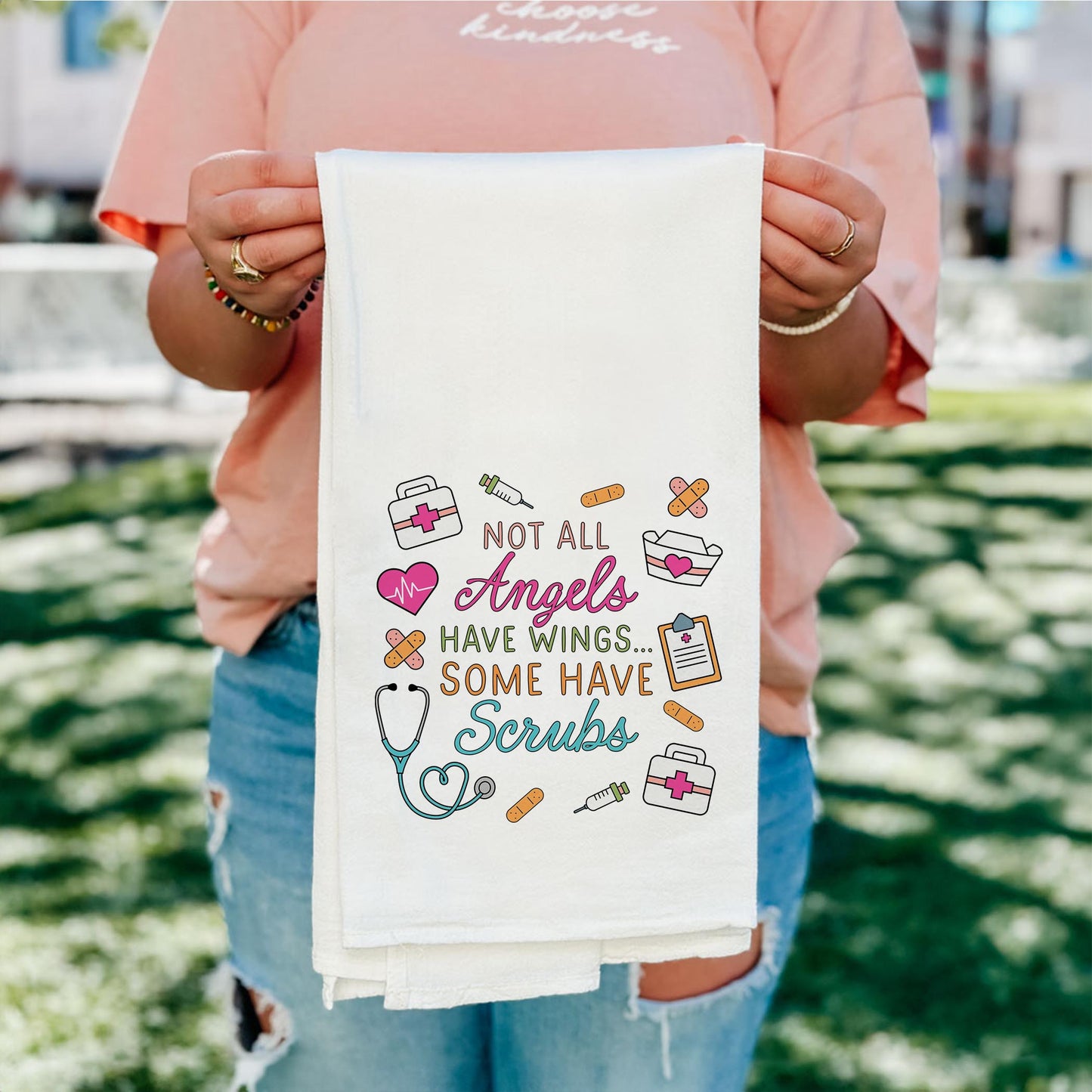 Cotton Tea Towel White-Some Angels Have Scrubs