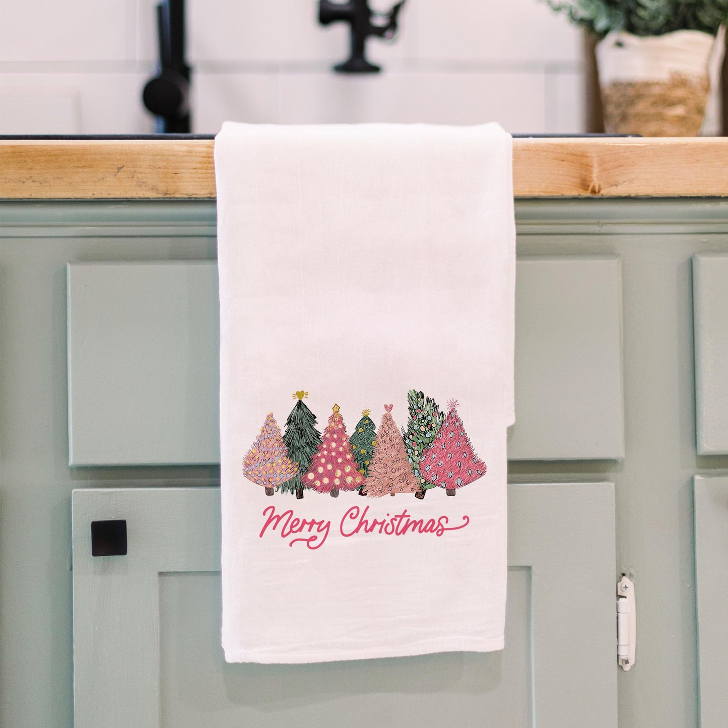 Cotton Tea Towel White-Pink Trees Merry Christmas