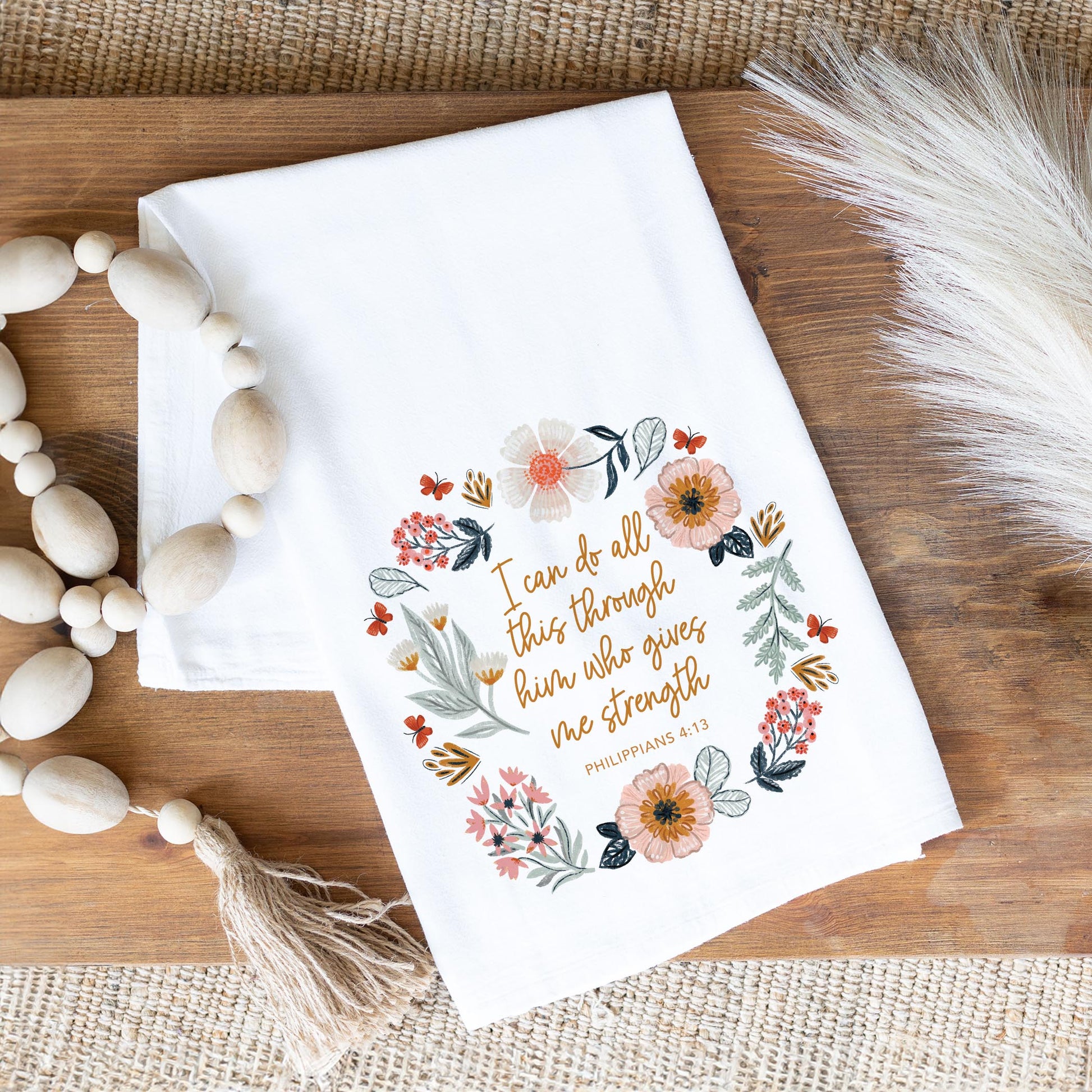 Cotton Tea Towel White-Pretty Things Floral Faith Gives Me Strength -1