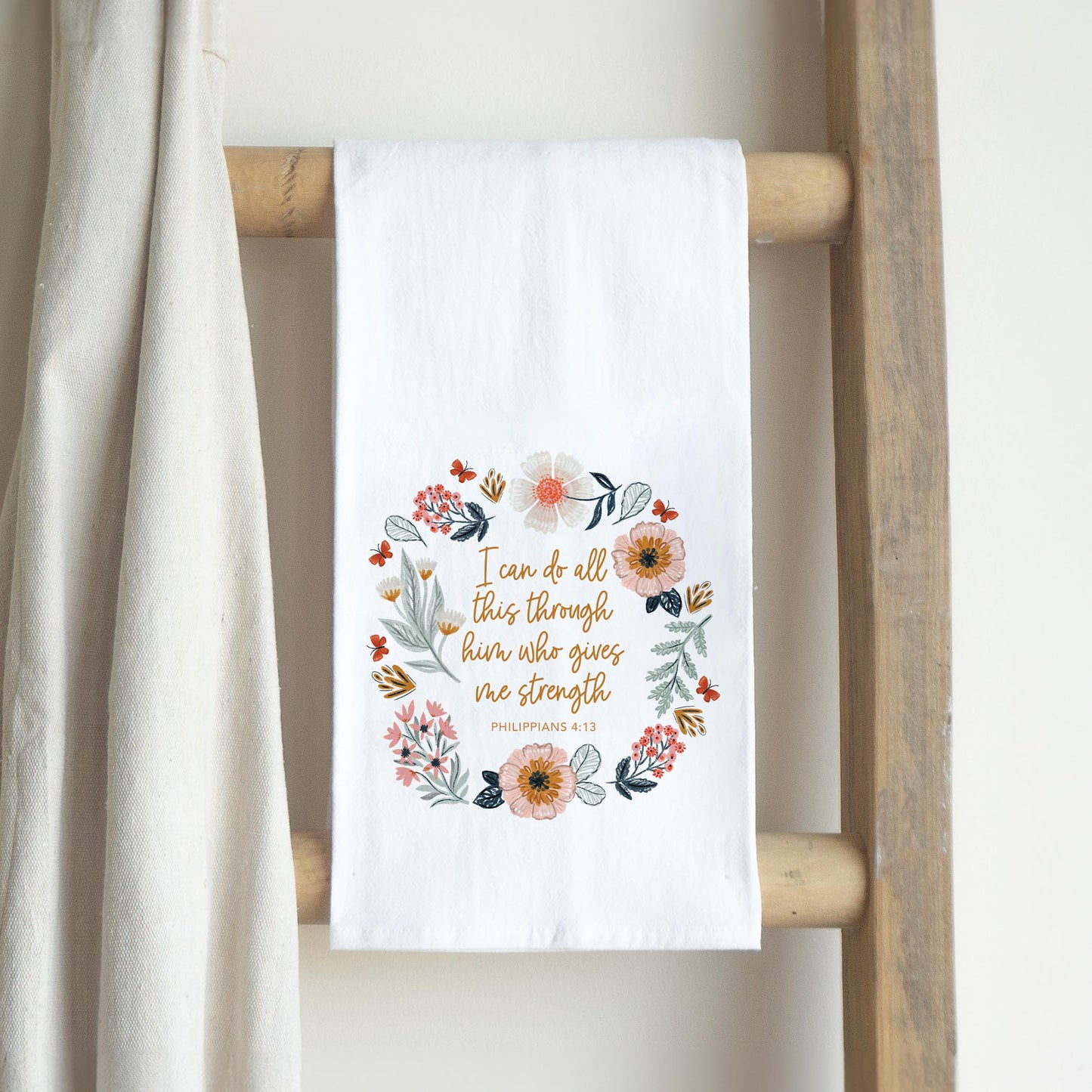 Cotton Tea Towel White-Pretty Things Floral Faith Gives Me Strength -2