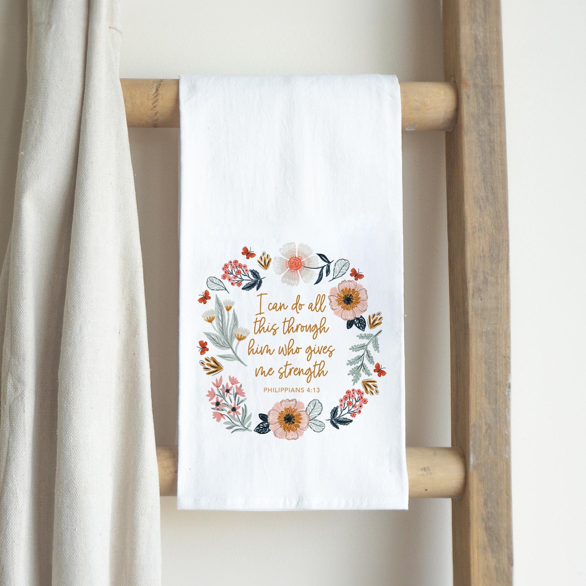 Cotton Tea Towel White-Pretty Things Floral Faith Gives Me Strength -2