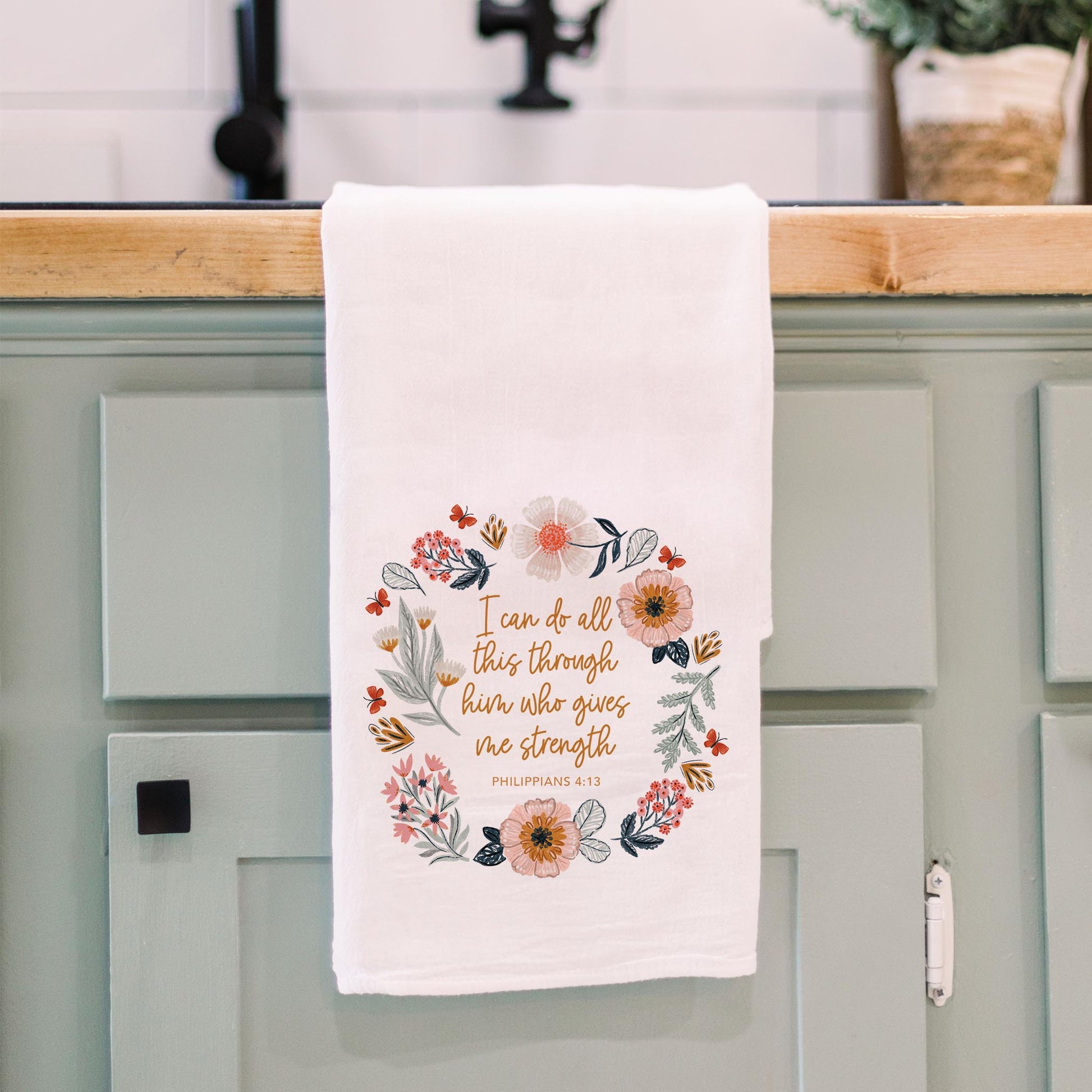 Cotton Tea Towel White-Pretty Things Floral Faith Gives Me Strength -3