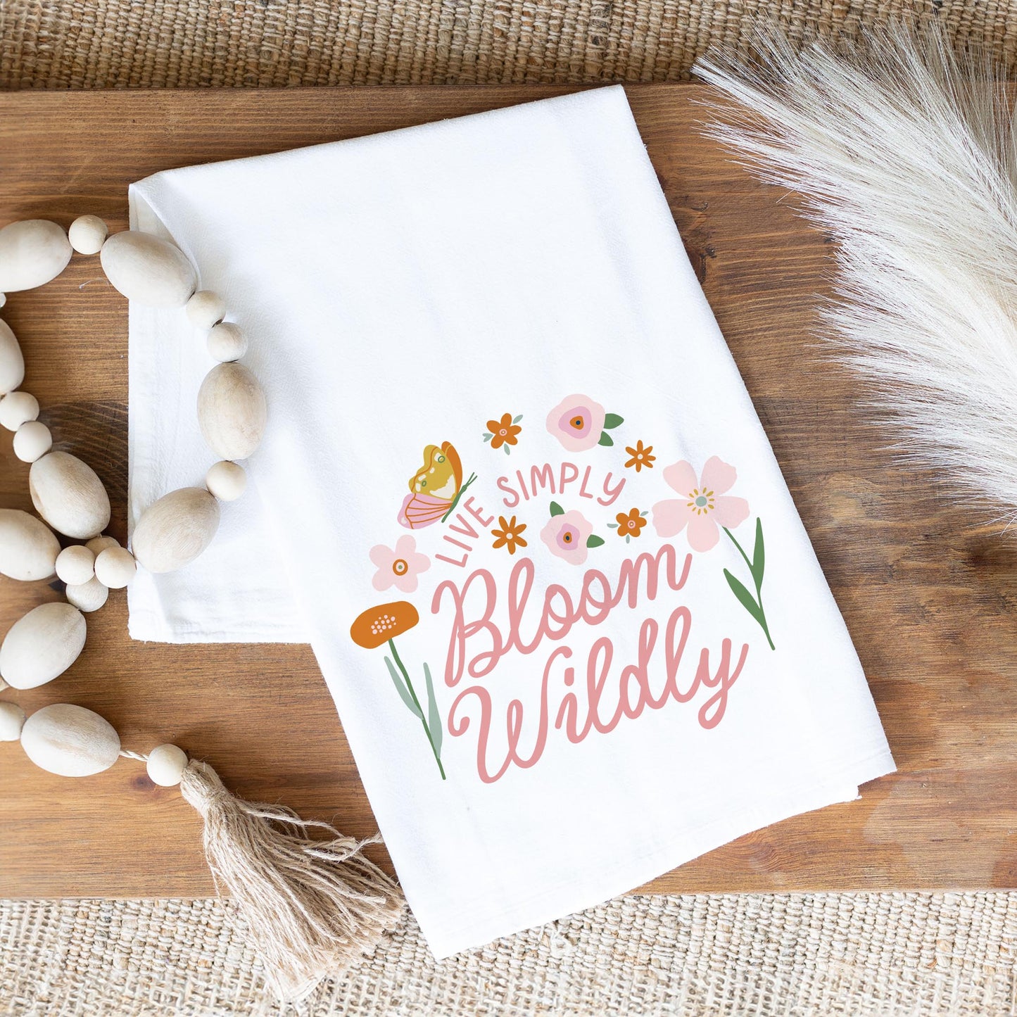 Cotton Tea Towel White-Spring Live Simply Bloom Wildly