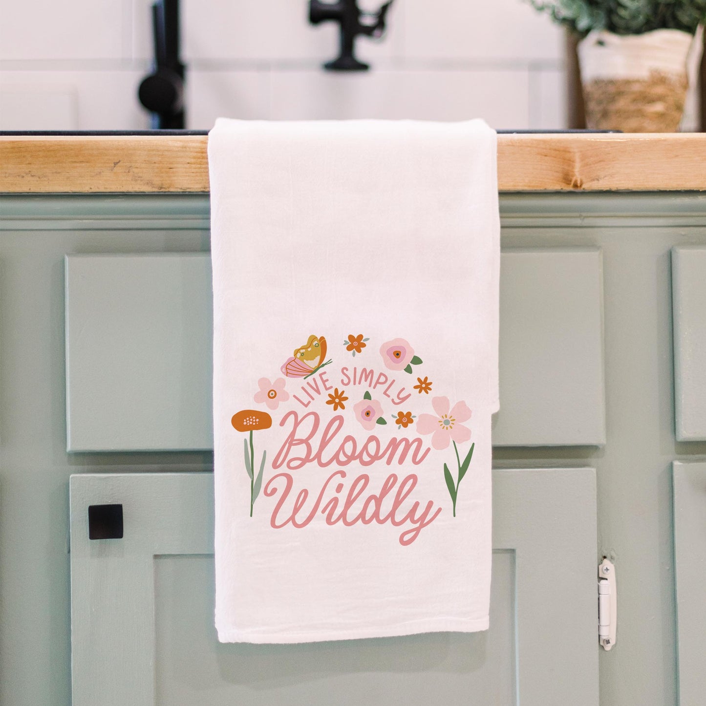 Cotton Tea Towel White-Spring Live Simply Bloom Wildly