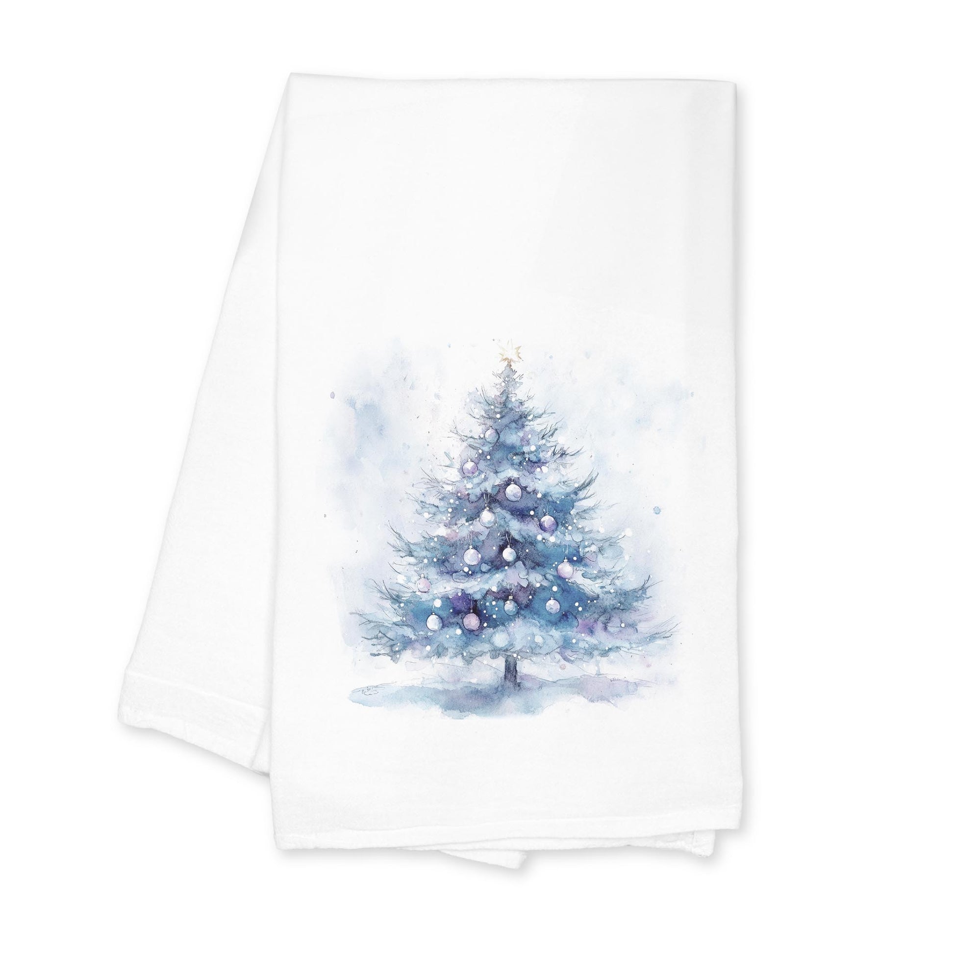 Cotton Tea Towel White-Holiday Tidings Watercolor Christmas Tree -0