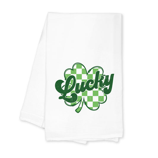 Cotton Tea Towel White-St. Patrick's Day Lucky Checker Shamrock -0