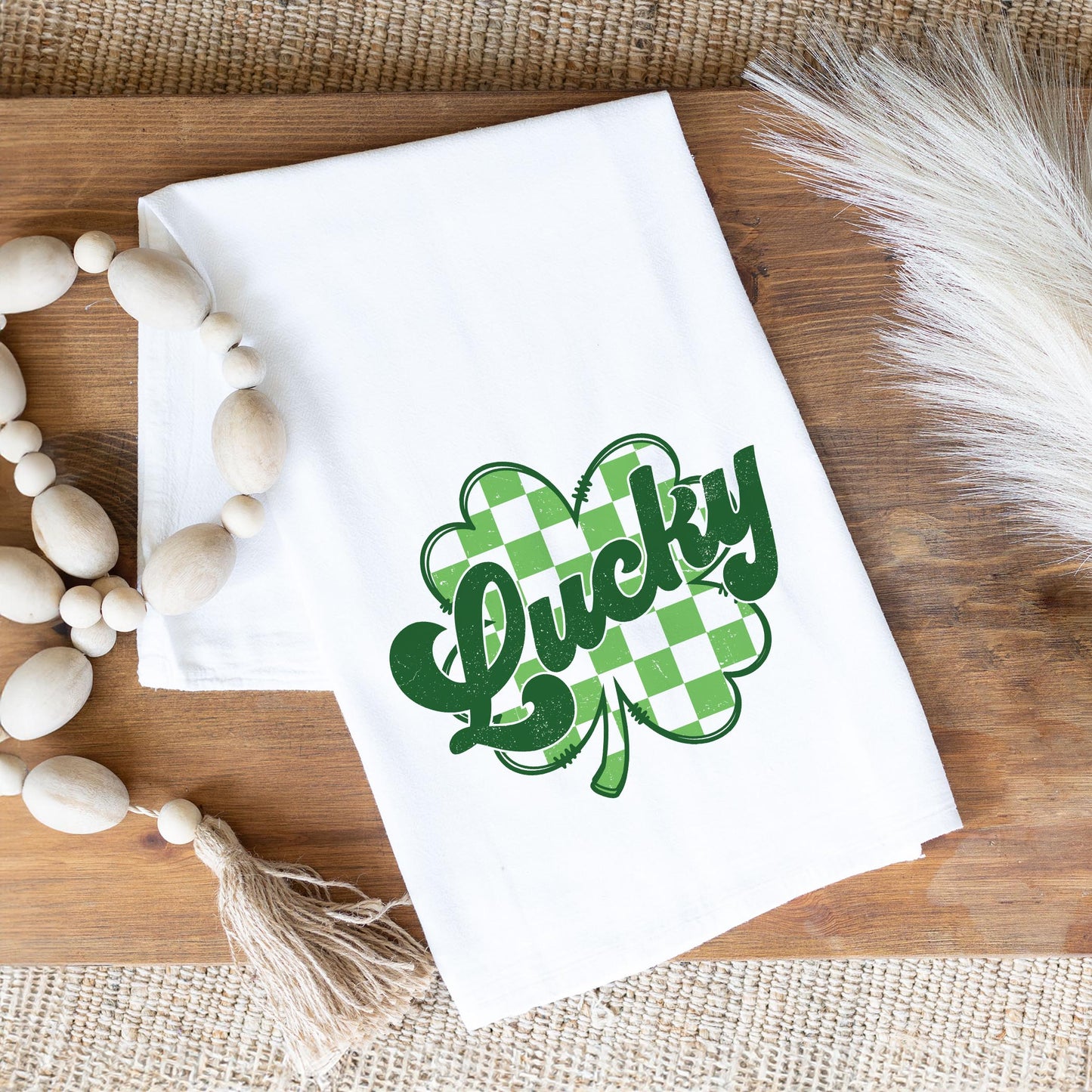 Cotton Tea Towel White-St. Patrick's Day Lucky Checker Shamrock -1
