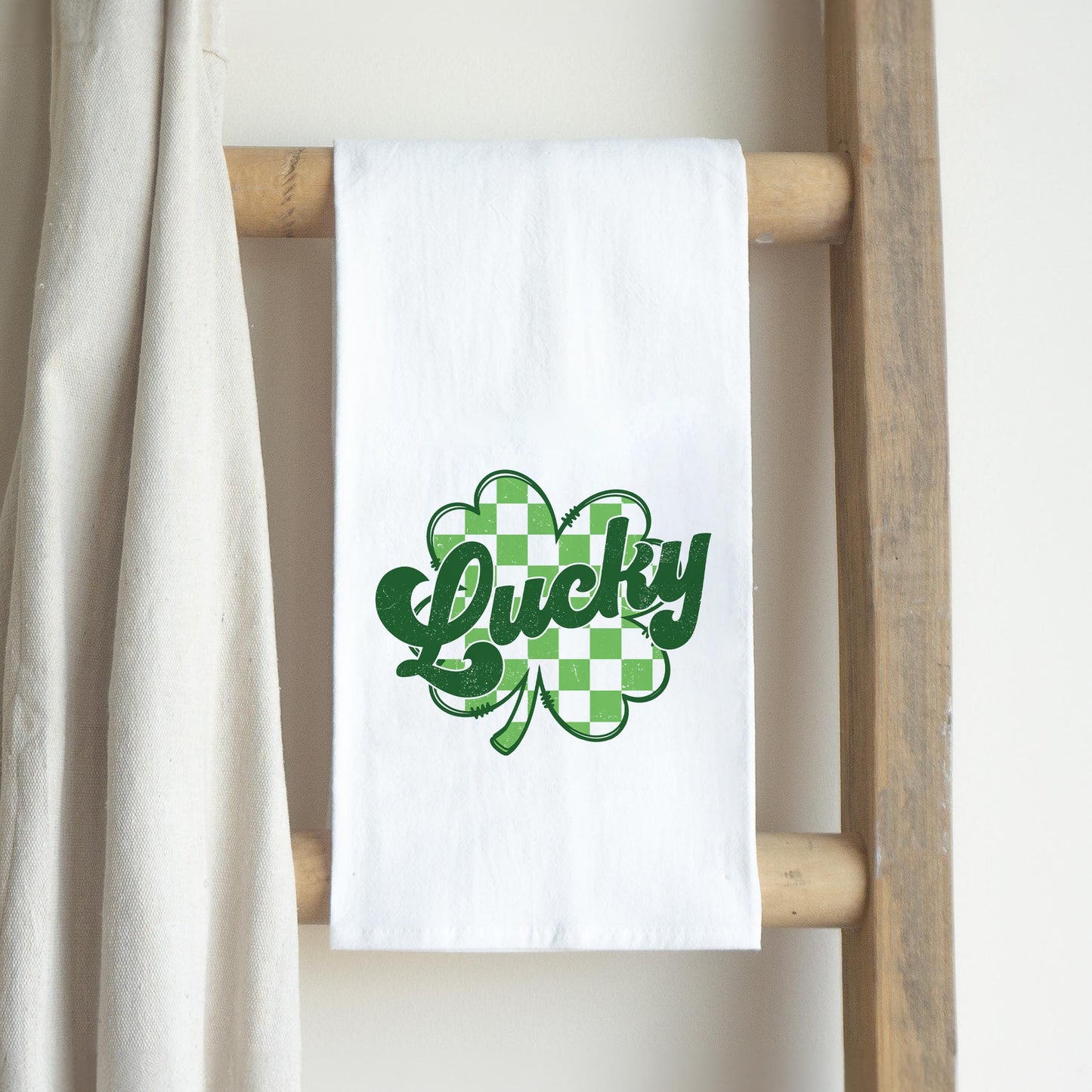 Cotton Tea Towel White-St. Patrick's Day Lucky Checker Shamrock -2