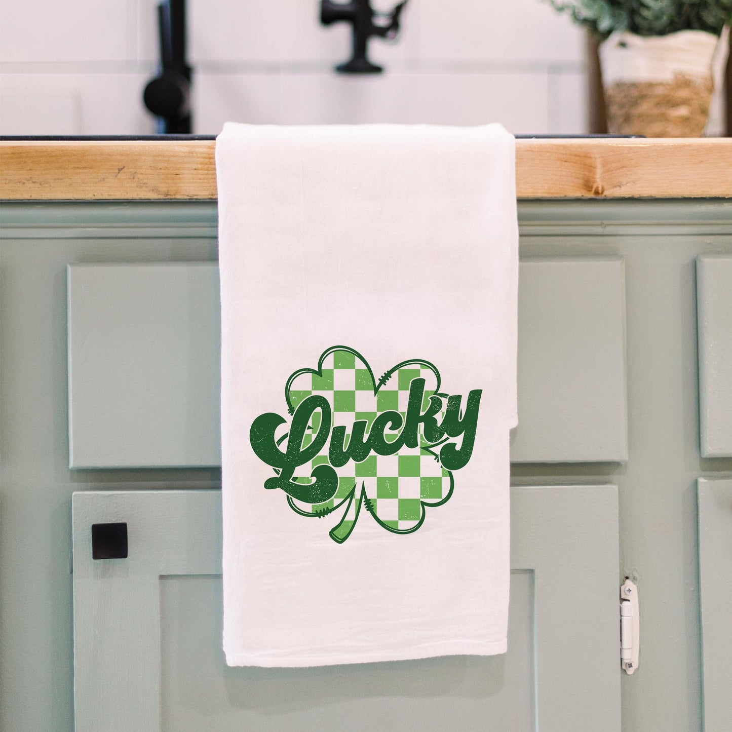 Cotton Tea Towel White-St. Patrick's Day Lucky Checker Shamrock -3