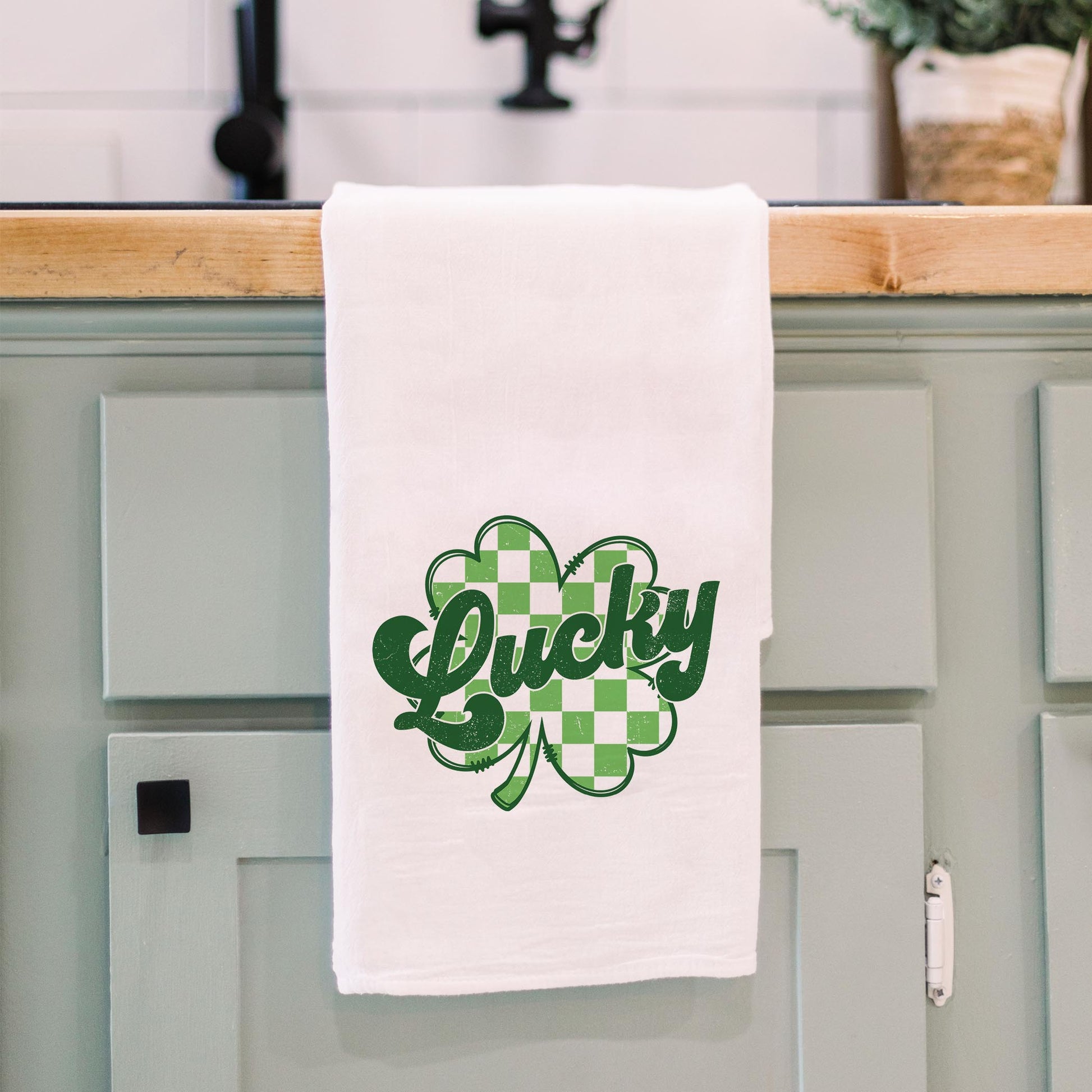 Cotton Tea Towel White-St. Patrick's Day Lucky Checker Shamrock -3