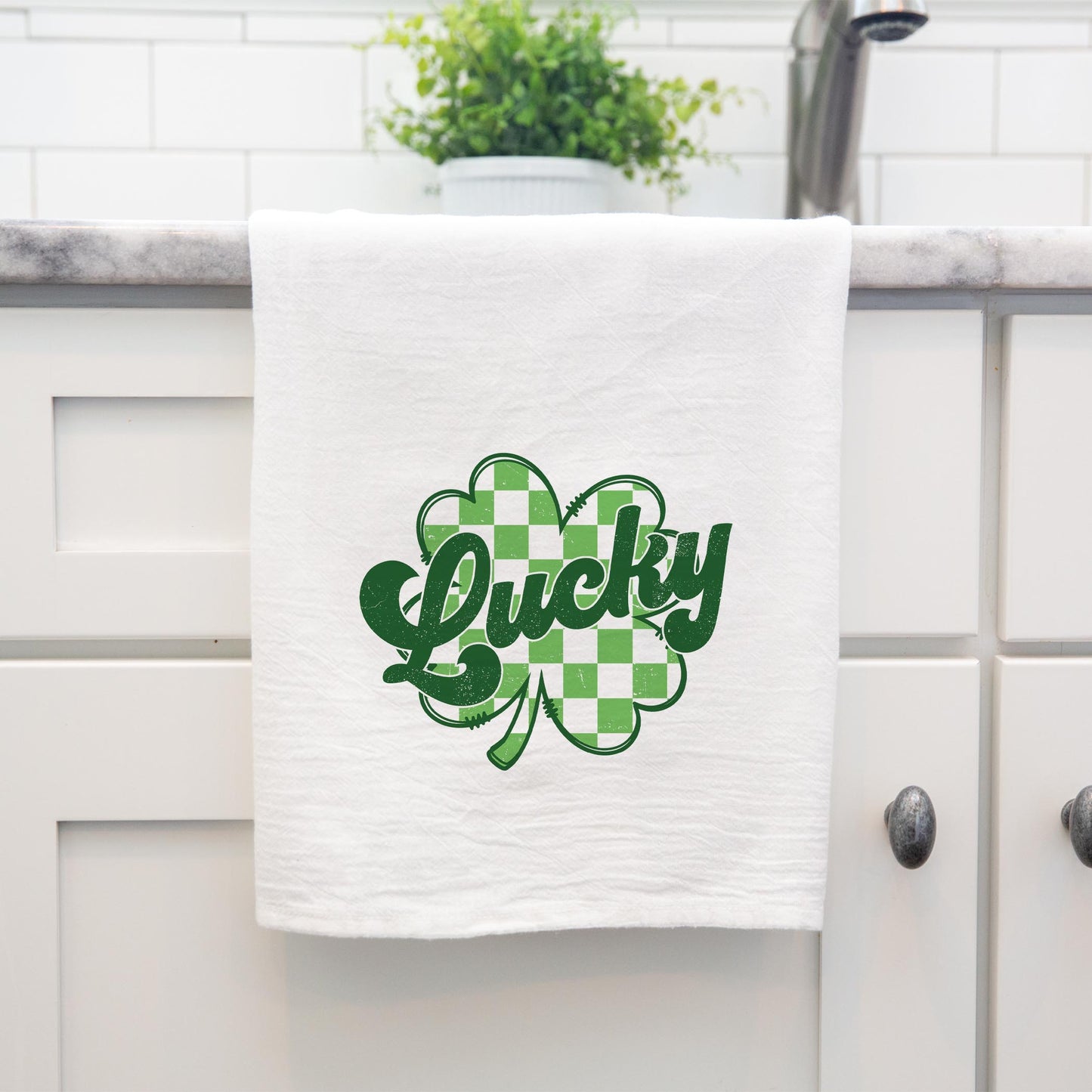Cotton Tea Towel White-St. Patrick's Day Lucky Checker Shamrock -4
