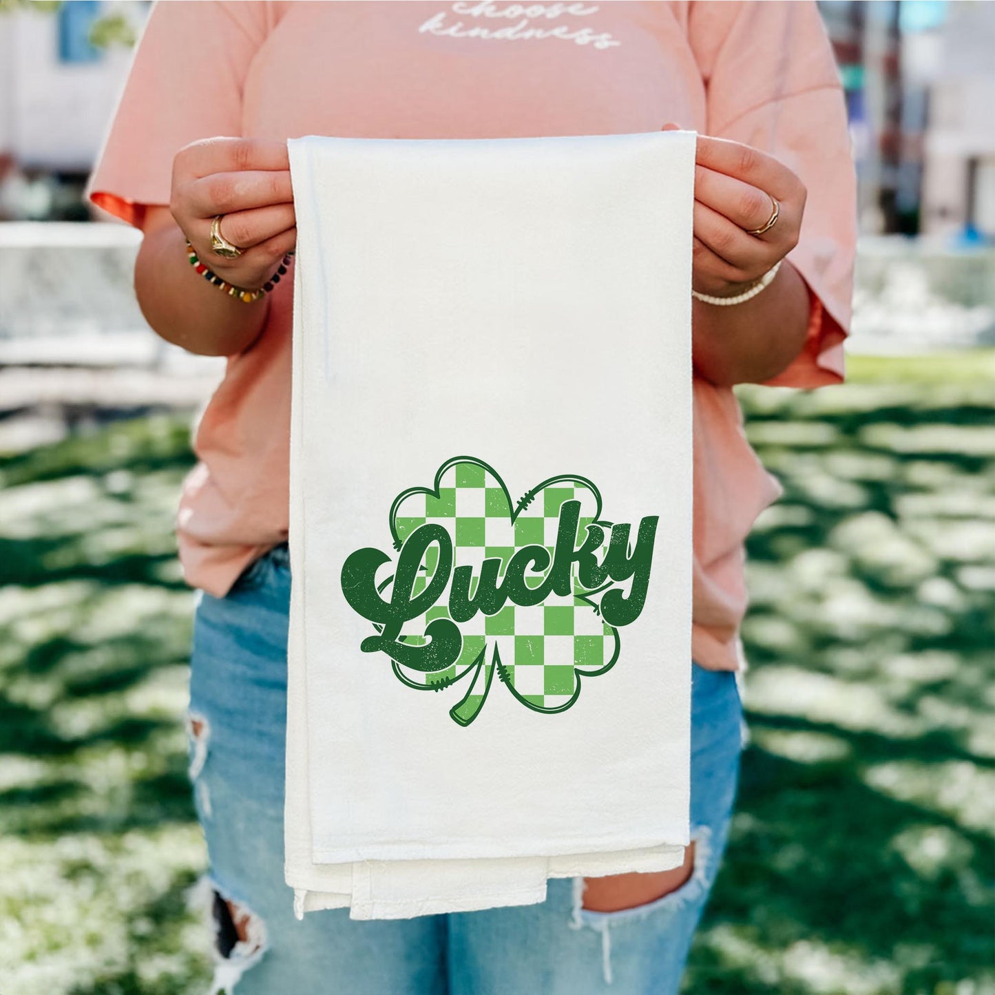 Cotton Tea Towel White-St. Patrick's Day Lucky Checker Shamrock -5