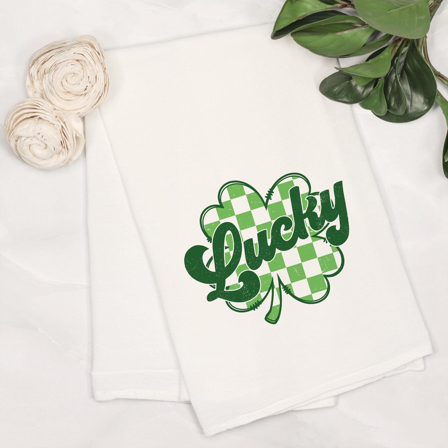 Cotton Tea Towel White-St. Patrick's Day Lucky Checker Shamrock -6