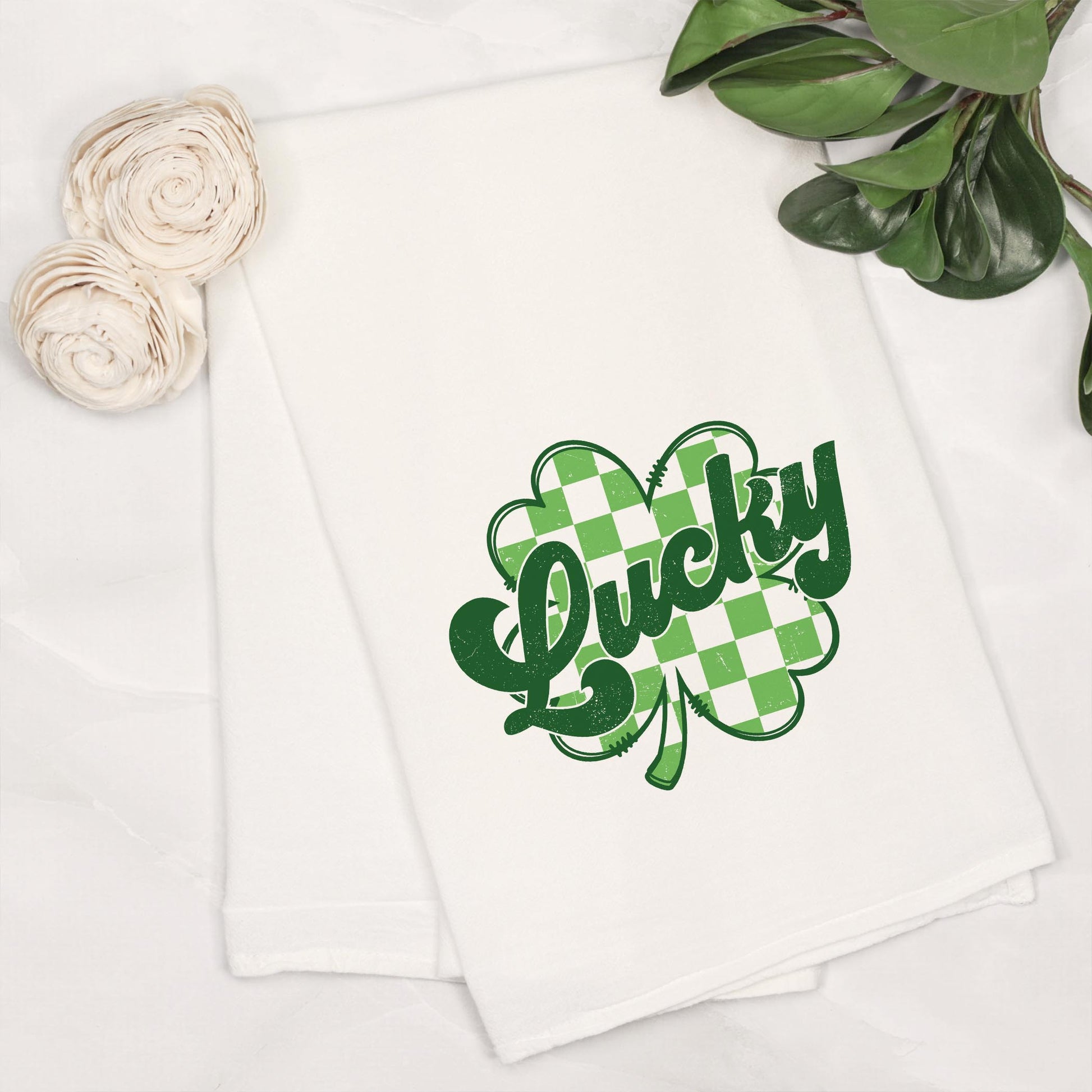 Cotton Tea Towel White-St. Patrick's Day Lucky Checker Shamrock -6