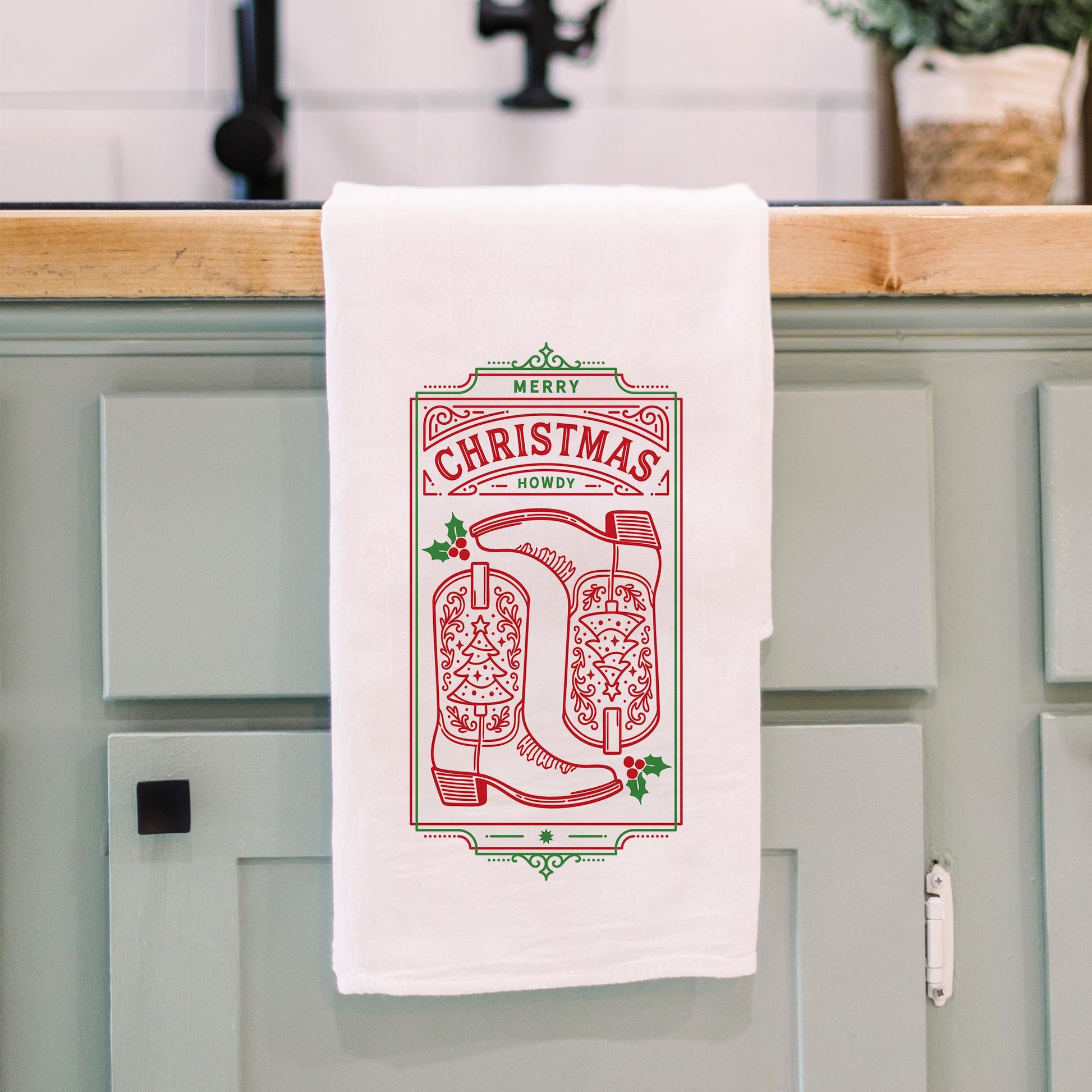 Cotton Tea Towel White-Western Christmas -3